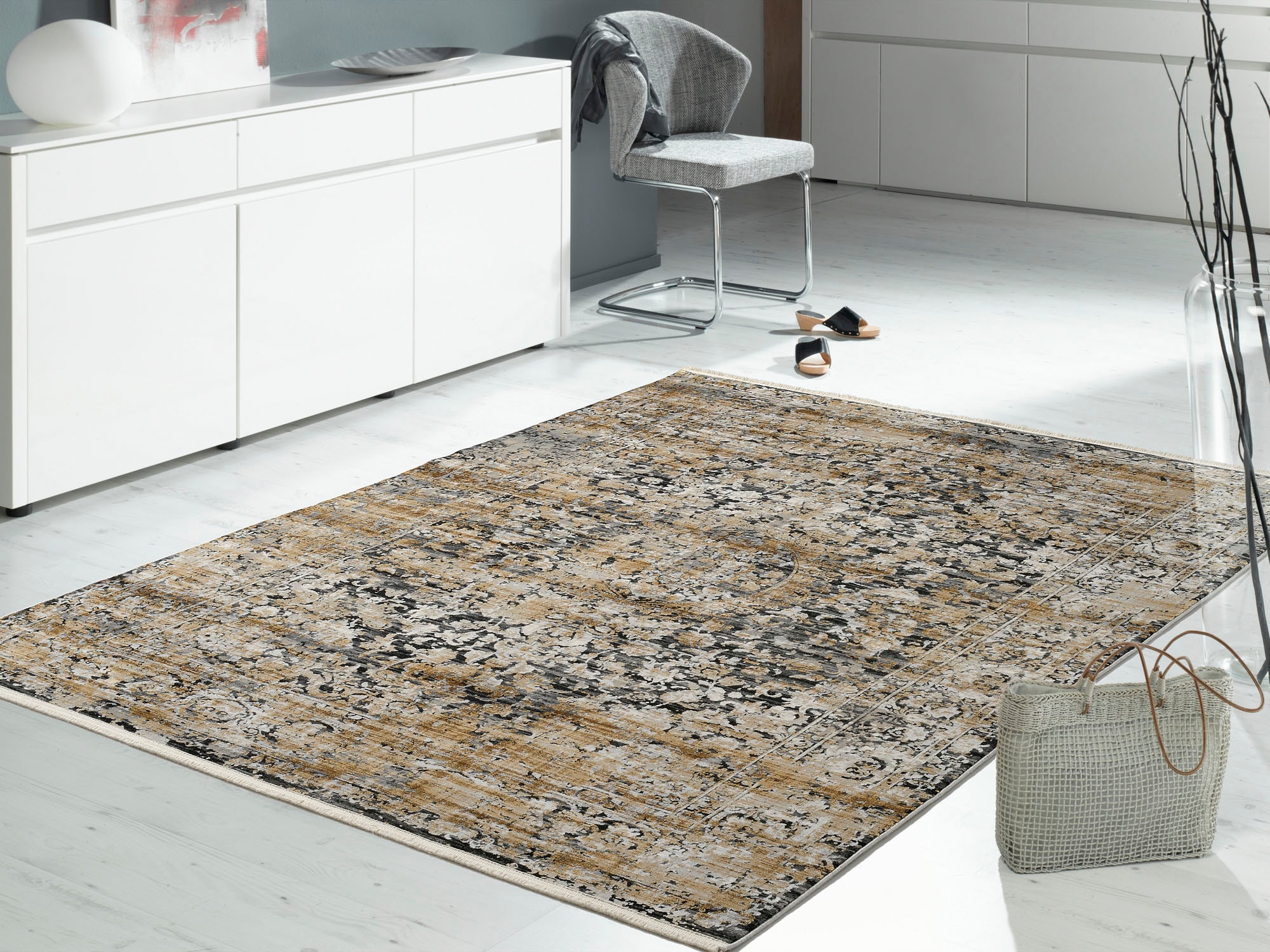 Teppich OCI DIE TEPPICHMARKE "IMPRESSION SODA", grau (grau, goldfarben), B:240cm H:8mm L:340cm, Viskose, Teppiche, Teppich, Vintage, feine Fransen, leichter Glanz durch Viskose, Wohnzimmer