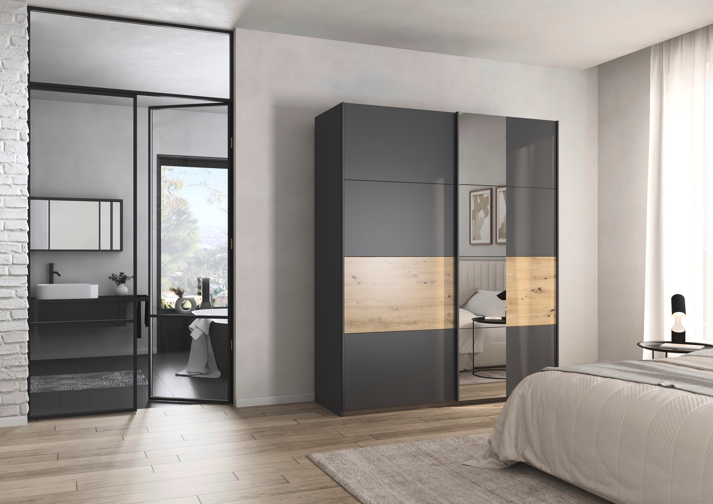 rauch Schwebetürenschrank »Kleiderschrank Schrank Garderobe Schlafzimmerschrank OXFORD«, (in 3 verschiedenen Ausstattungen BASIC/CLASSIC/PREMIUM), mit Griffleisten aus Metall, auch für kleinere Räume MADE IN GERMANY