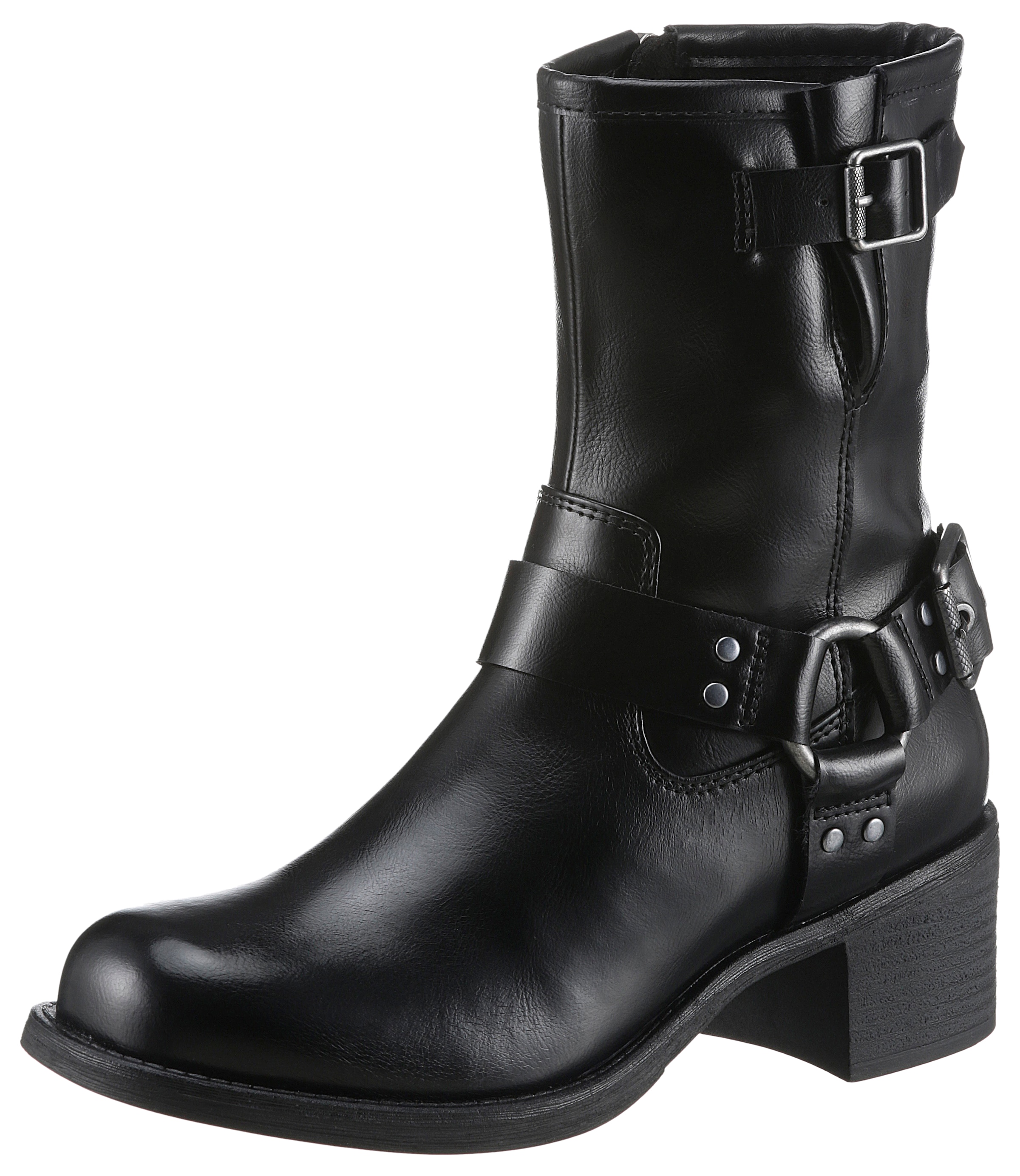 MARCO TOZZI Bikerboots "BROTI", Blockabsatz, Schnallenboots, Stiefelette mit glänzenden Nieten