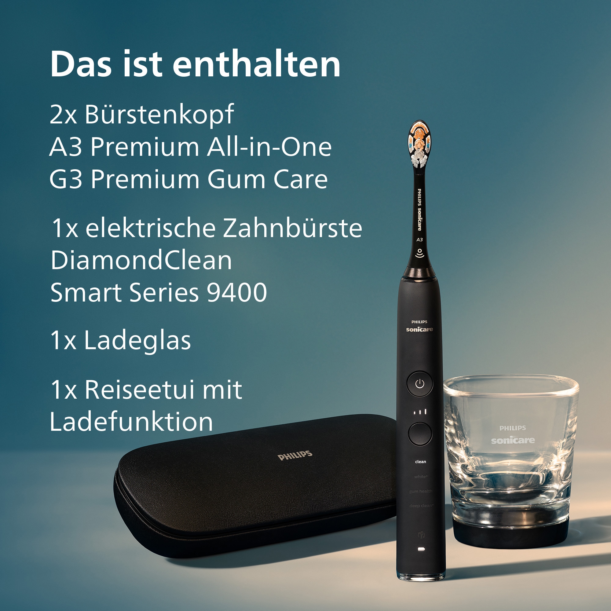 Philips Sonicare Elektrische Zahnbürste »DiamondClean 9400, HX9917« 2 Stk. Aufsteckbürsten mit integriertem Drücksensor, 4 Putzprogramme und 3 Intensitätsstufen