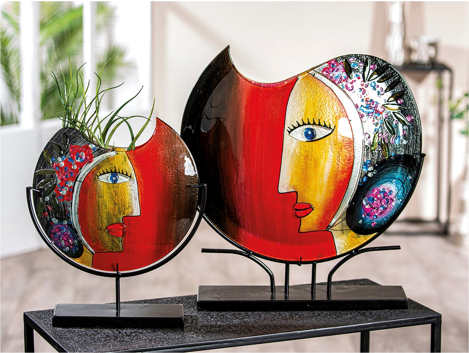 Casablanca by Gilde Dekovase »Glasart Deko Vase Face "Cloe", Höhe ca. 48 cm« aus Metall und Glas, handbemalt mit Fusingglaselementen
