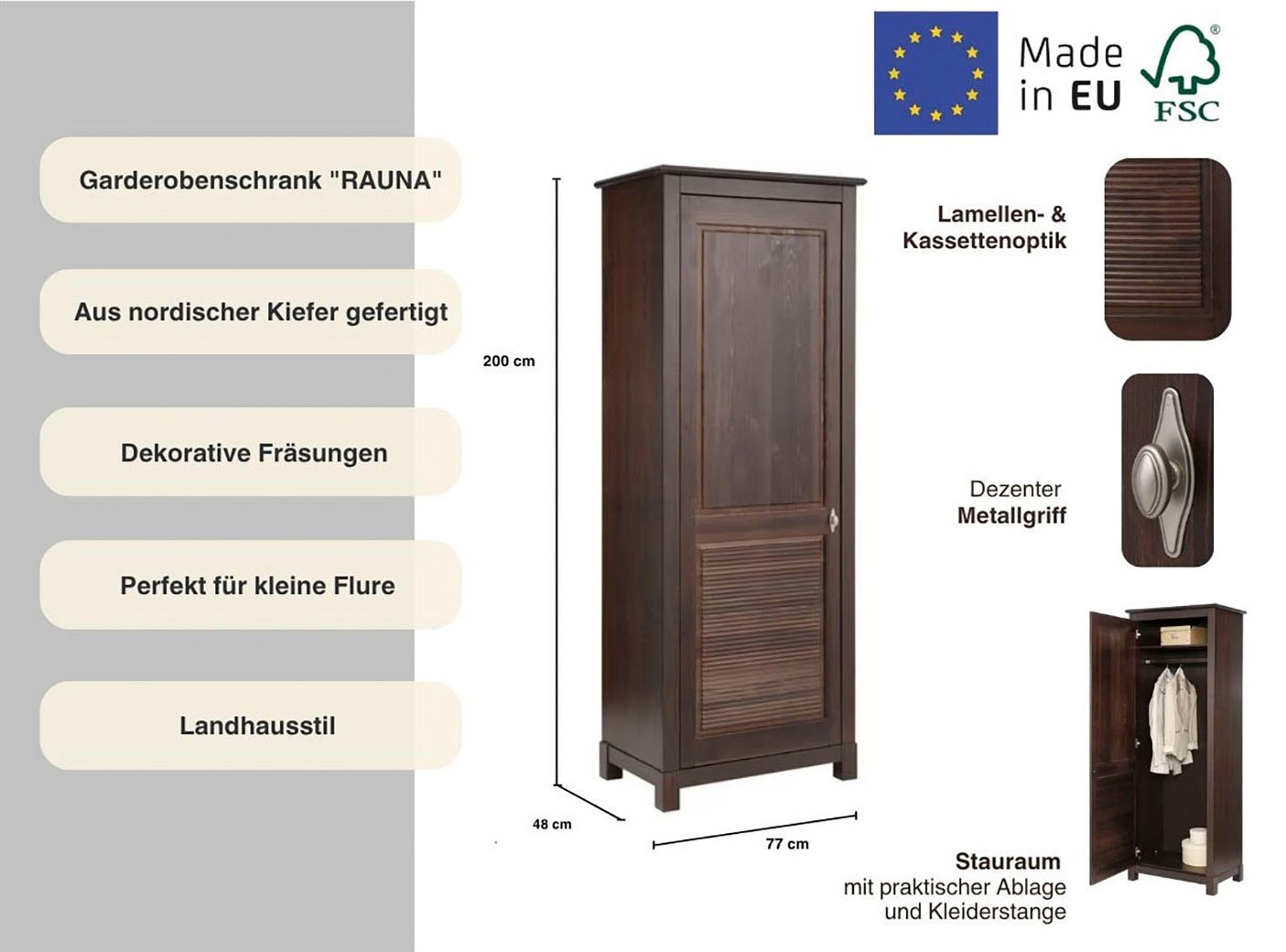 Thumbnail - Home affaire Garderobenschrank "Rauna", aus massiver Kiefer, FSC, mit dekorativen Fräsungen
