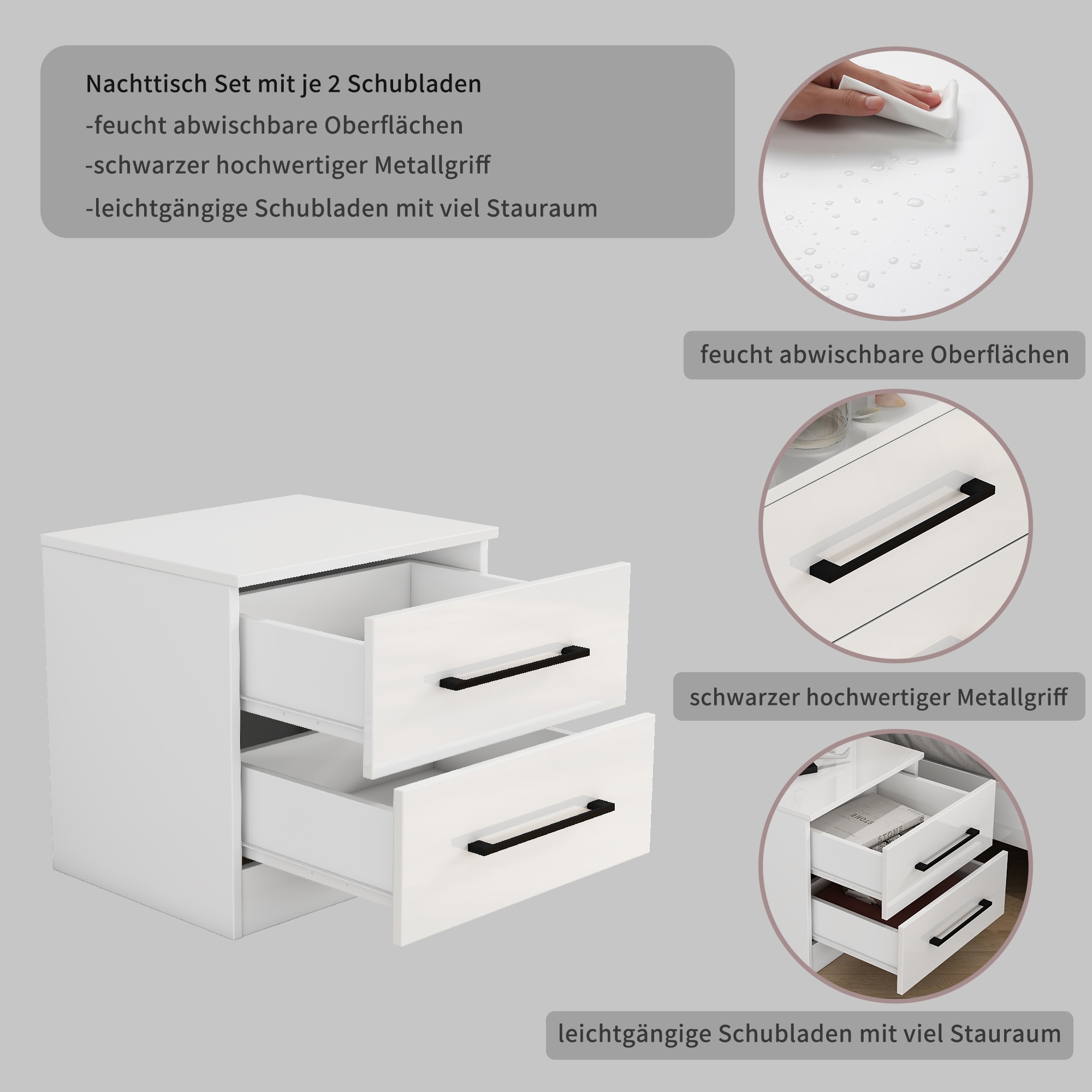 OTTO home Nachtkommode »Sylt Bestseller, 2 Schubladen mit viel Stauraum – Ordnung & Eleganz.« Spar-Set, modernes Hochglanz Nachtschrank Set (2 Stück) Stilvolles Design, 2 Stk. tlg. Nachttisch Bestseller Beistelltisch Kommode
