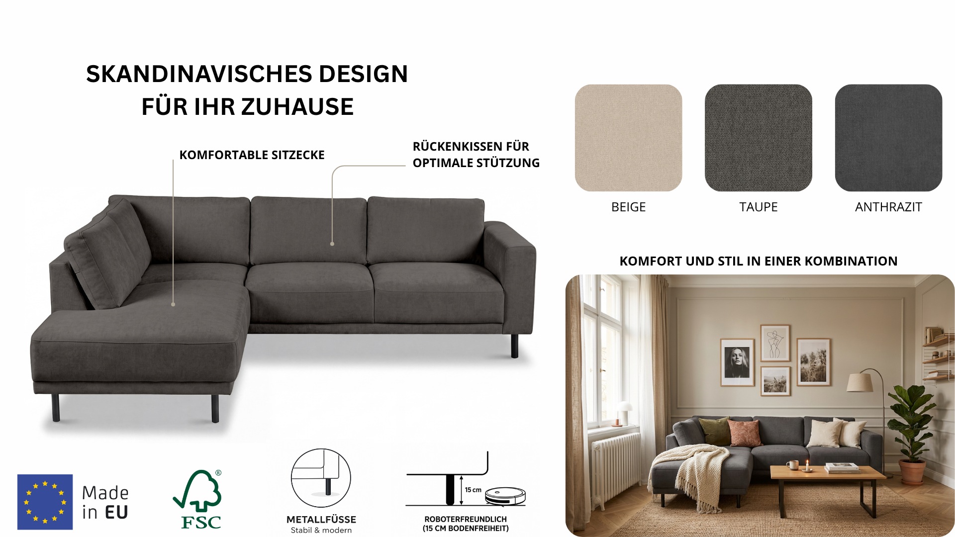 OTTO home Ecksofa »Sveeva, L-Form, B.240 cm, schwarze Metallfüße« langlebiger Strukturstoff, mit Wellenunterfederung, viele Farben
