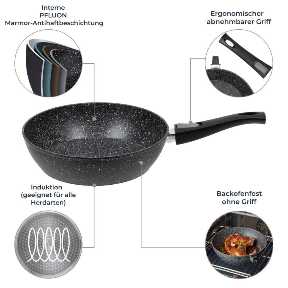 RESTO Kitchenware Bratpfanne »Leo, Wokpfanne mit vierschichtiger Marmor-Antihaftbeschichtung«, Aluminium, (1 tlg.), mit einem abnehmbaren Griff - backofenfest, spülmaschinenfest