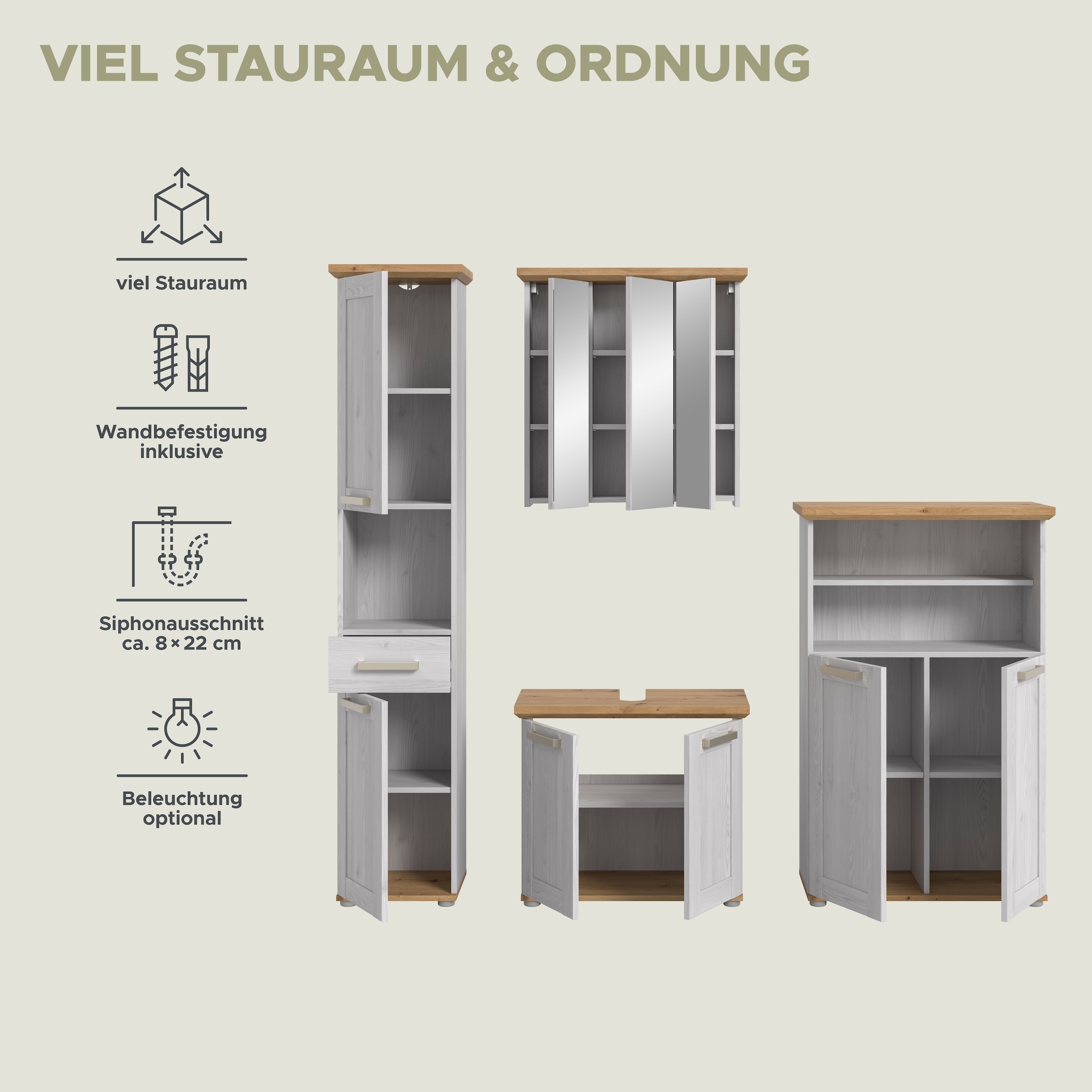 welltime Badmöbel-Set »COSENZA, 4-teilig, in Landhausoptik, mit farblich abgesetztem Kranz« best. aus: 1 Hochschrank, 1 Spiegelschrank, 1 WBU und 1 Midischrank, 4 Stk. tlg.