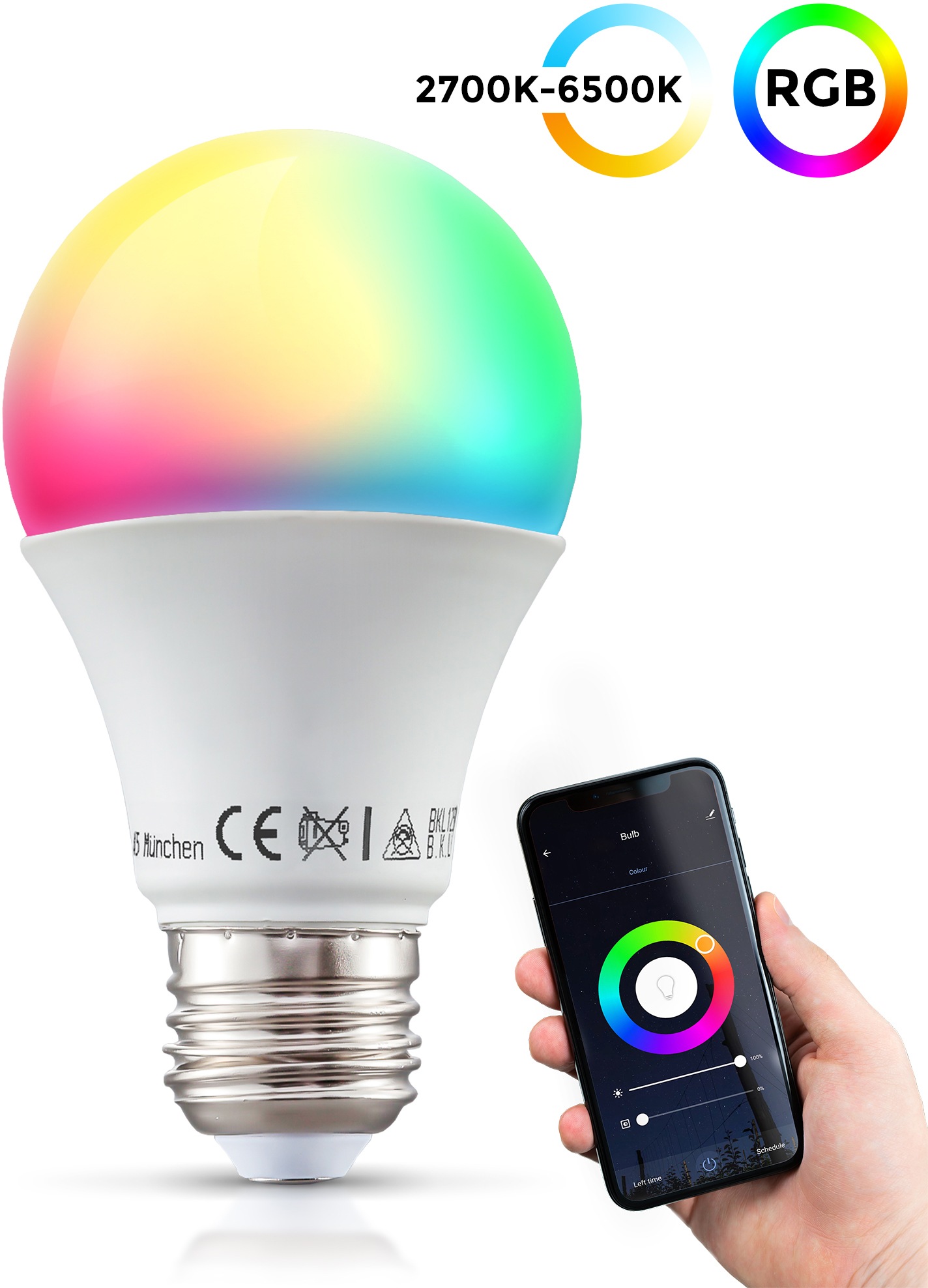 B.K.Licht LED-Leuchtmittel, E27, 1 St., Farbwechsler, Smart Home LED-Lampe, RGB, WiFi, App-Steuerung, dimmbar