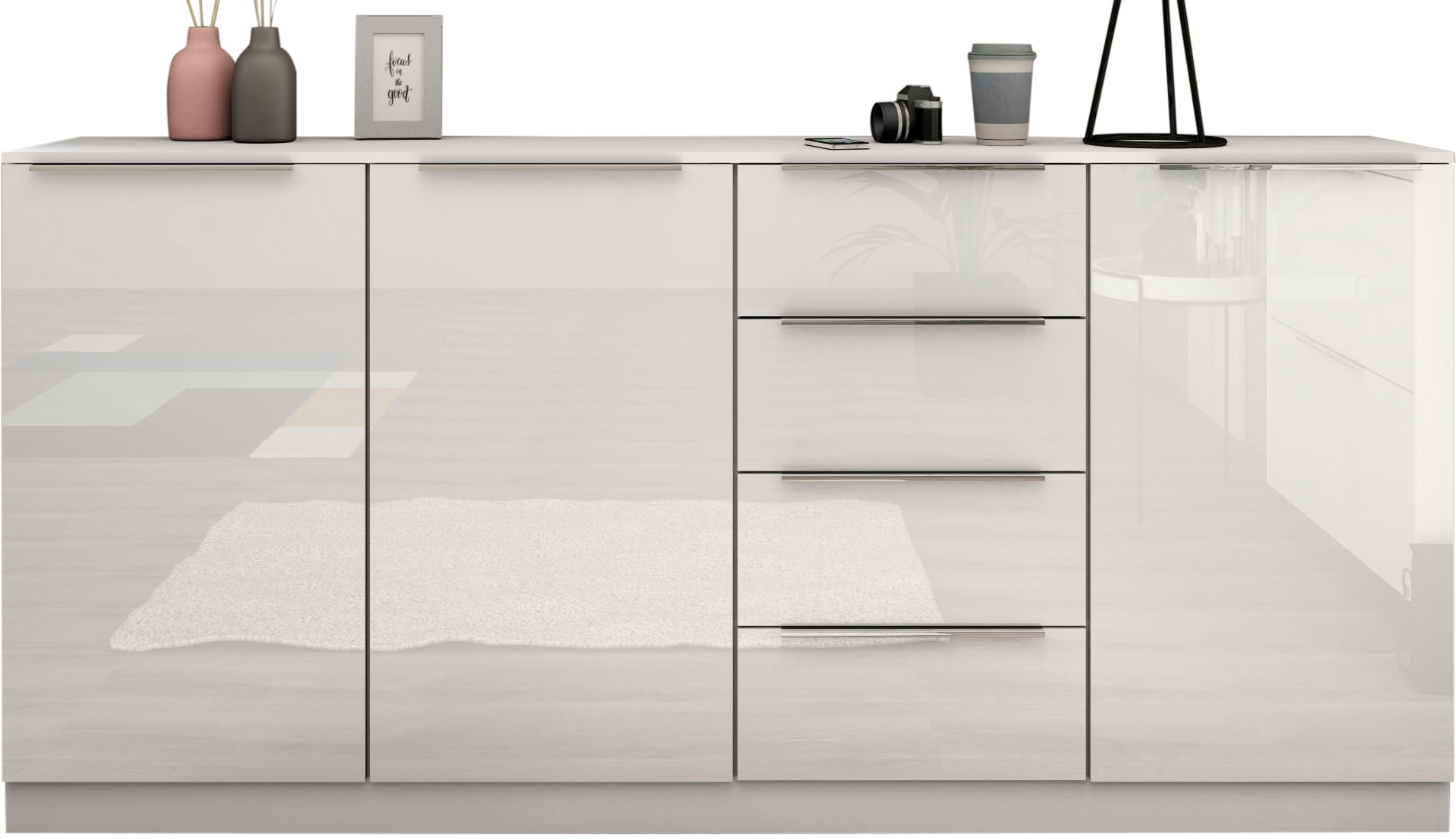 borchardt Möbel 1100000002199 "Oliva, Breite 200cm, moderne Kommode mit glänzenden Metallgriffen" viel Stauraum, Türen und Schubladen, Einlegeböden verstellbar