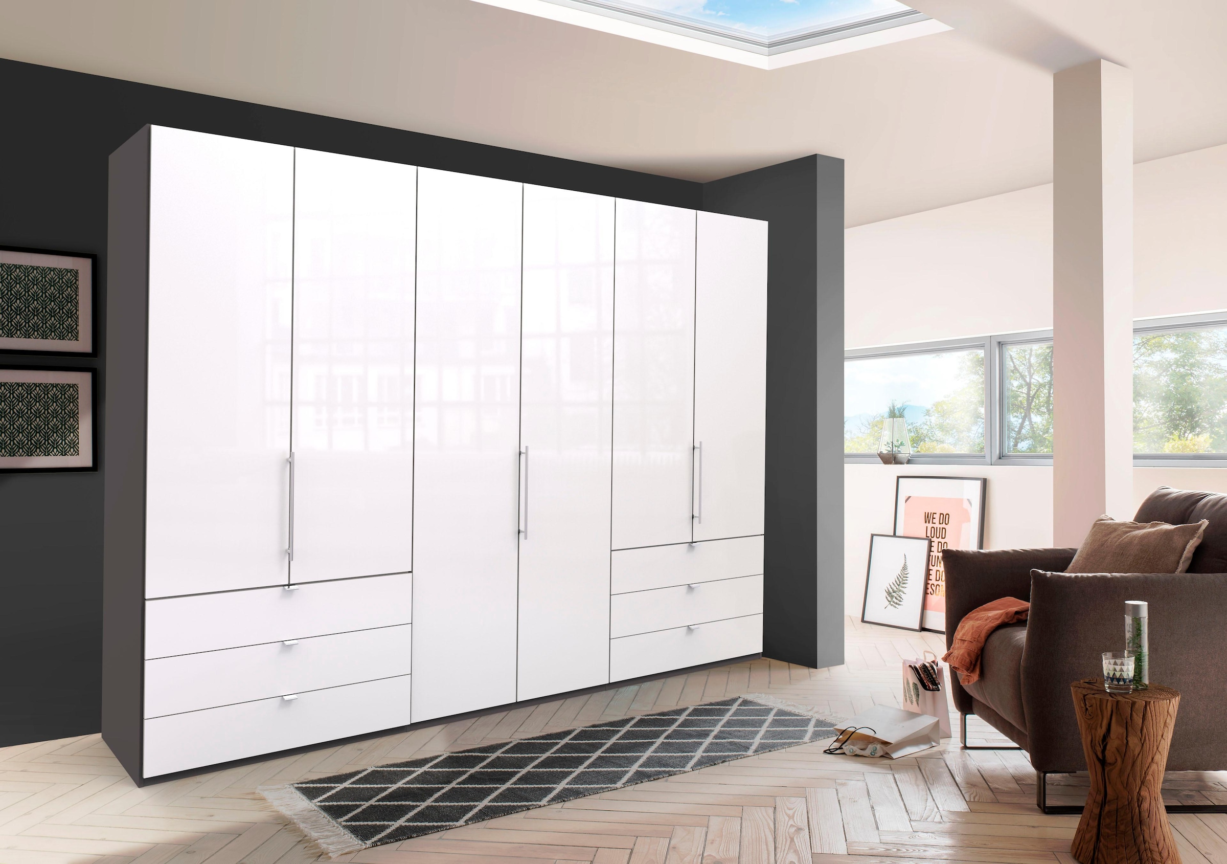 WIEMANN Falttürenschrank "Loft, Kleiderschrank, Schrank, Wäscheschrank, mit Glasfront" 3 Breiten, 2 Höhen 216/236 cm auswählbar, MADE IN GERMANY, inkl. gepämpften Schubkästen und Türen, mit Panoramaöffnung