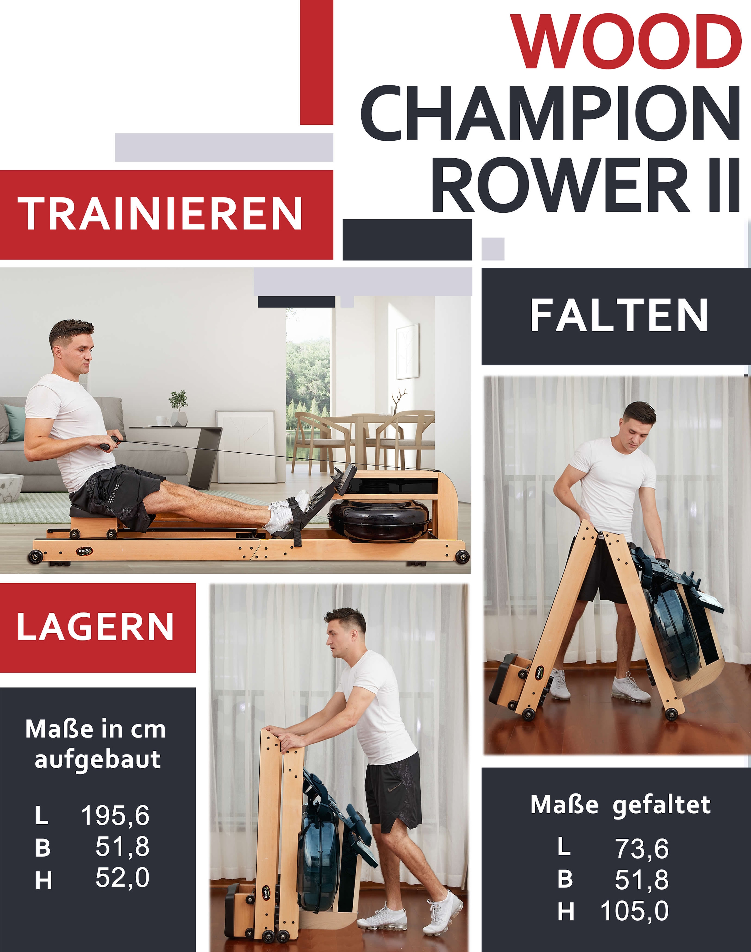 body coach Ruderzugmaschine »Wood Champion II Rower«, (extra großer Wassertank, platzsparend faltbar), Rudermaschine