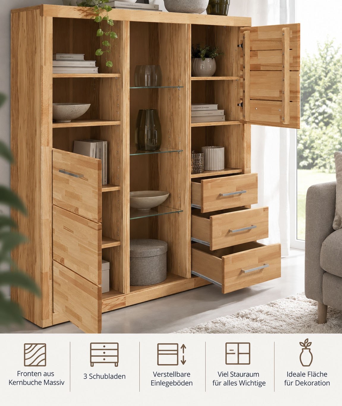 OTTO home Highboard »Ribe,130cm breit145cm hoch,Fronten Massivholz,12 Fächer« Korpus  aus Holzwerkstoff, Metall Griffe,Böden versetzbar