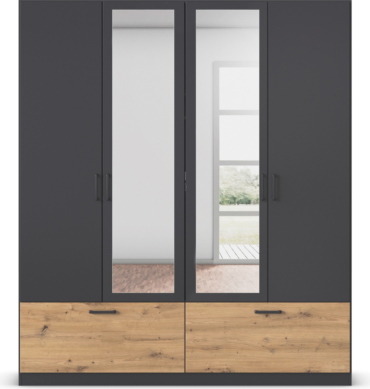 rauch Drehtürenschrank »Kleiderschrank Schrank Garderobe Wäscheschrank BARI mit Spiegel«, mit Schubkästen und modernem Griff in Graumetallic MADE IN GERMANY