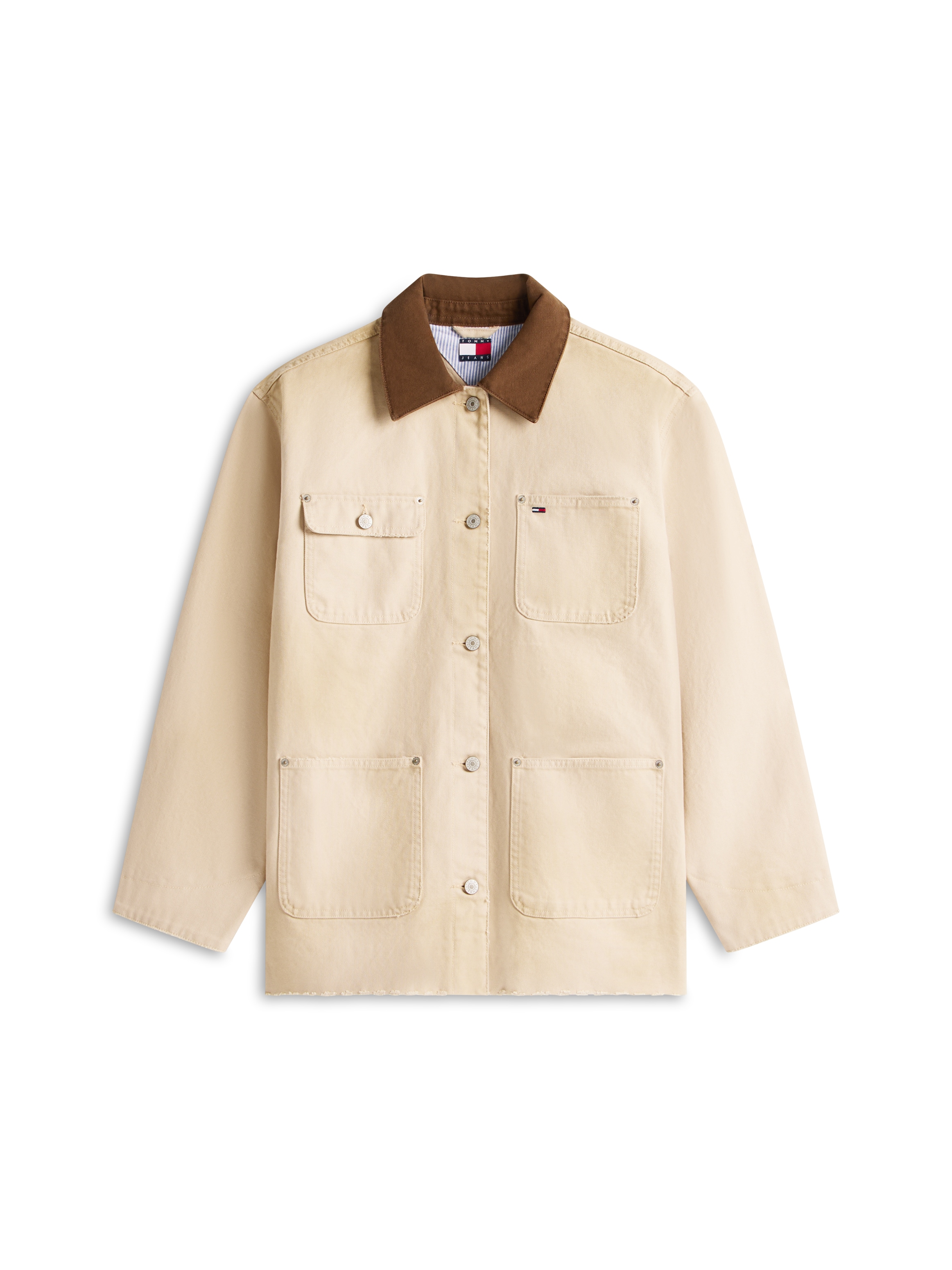 Tommy Jeans Langjacke »TJW OVS DISTRESSED CHORE JACKET« mit farblich abgesetztem Umlegekragen, Oversized Fit