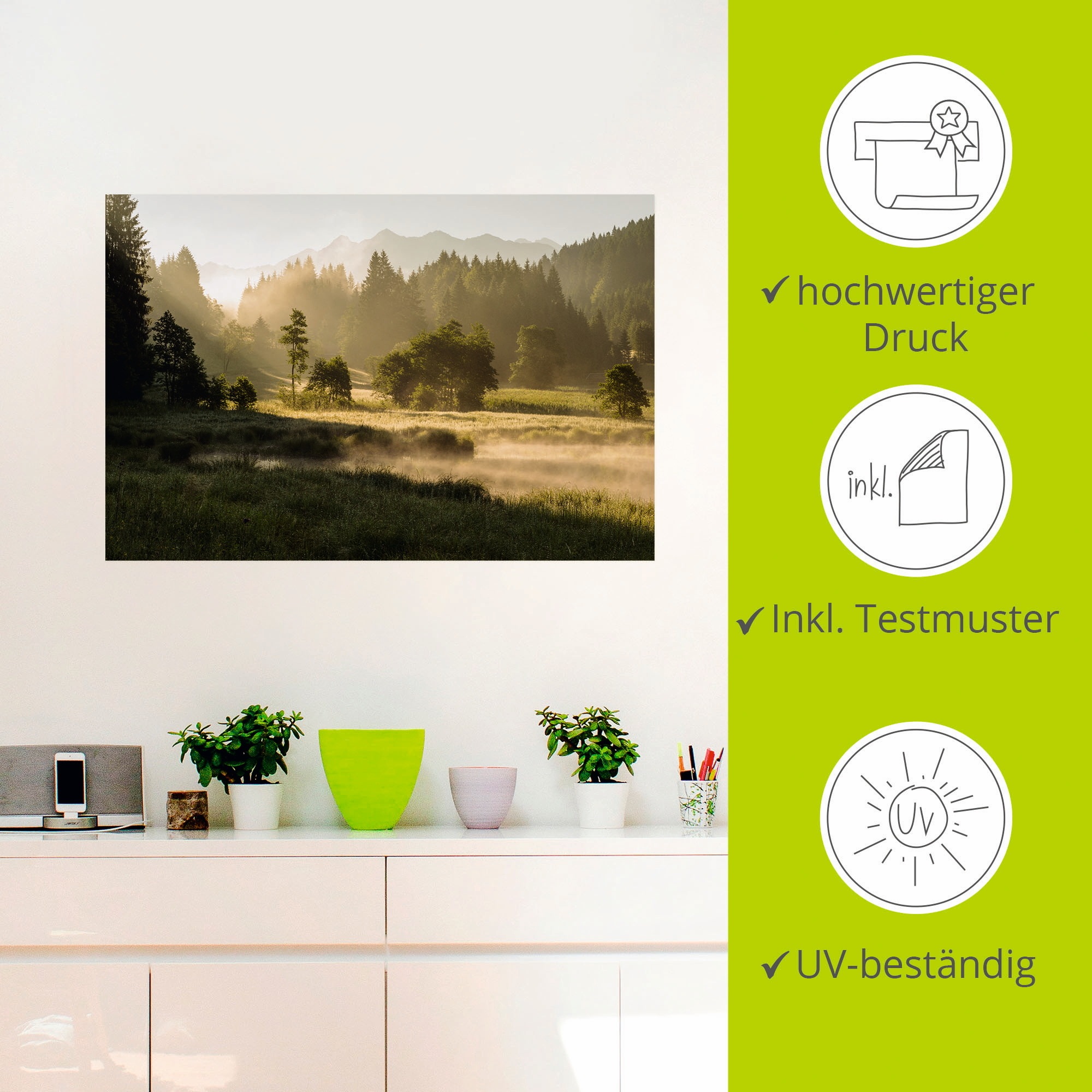 Artland Wandbild »Sommermorgen in den Alpen«, Wiesen & Bäume, (1 St.), als Leinwandbild, Wandaufkleber in verschied. Größen