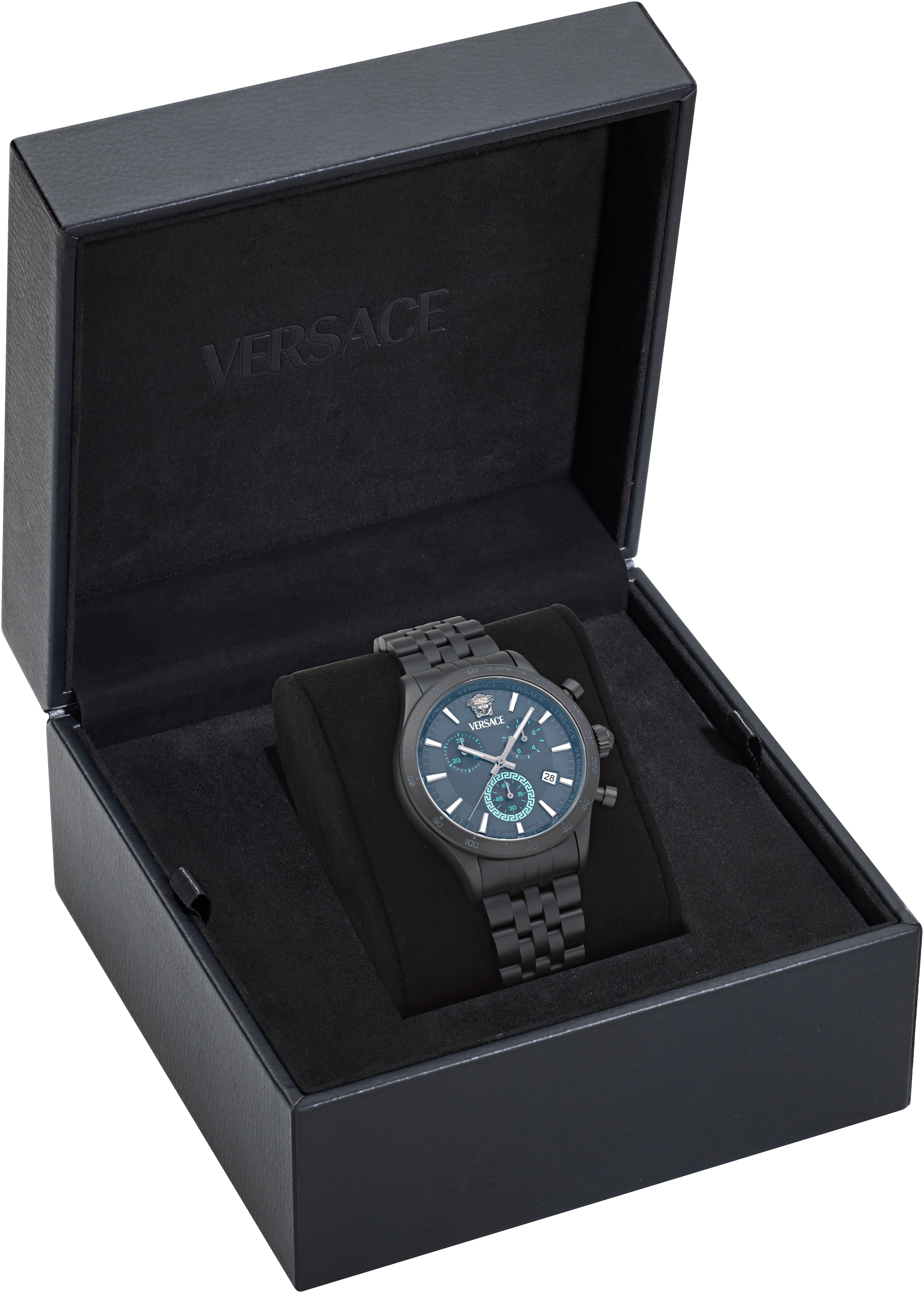 Versace Chronograph »HELLENYIUM CHRONO PETITE«, Quarzuhr, Armbanduhr, Herrenuhr,Swiss Made,Edelstahlband,Stoppfunktion