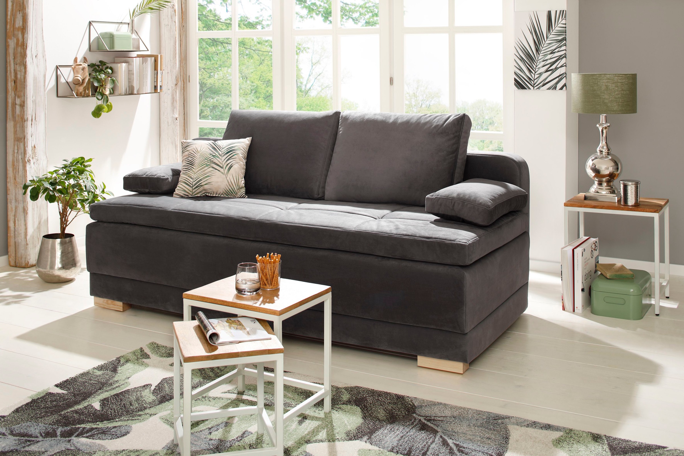 OTTO home Schlafsofa "Berlin, B: 202 cm, Liegefl. 158x200 cm, Boxspring-Dauerschlafsofa" Schlaffunktion, Bettkasten & 2 Zierkissen, Gästebett