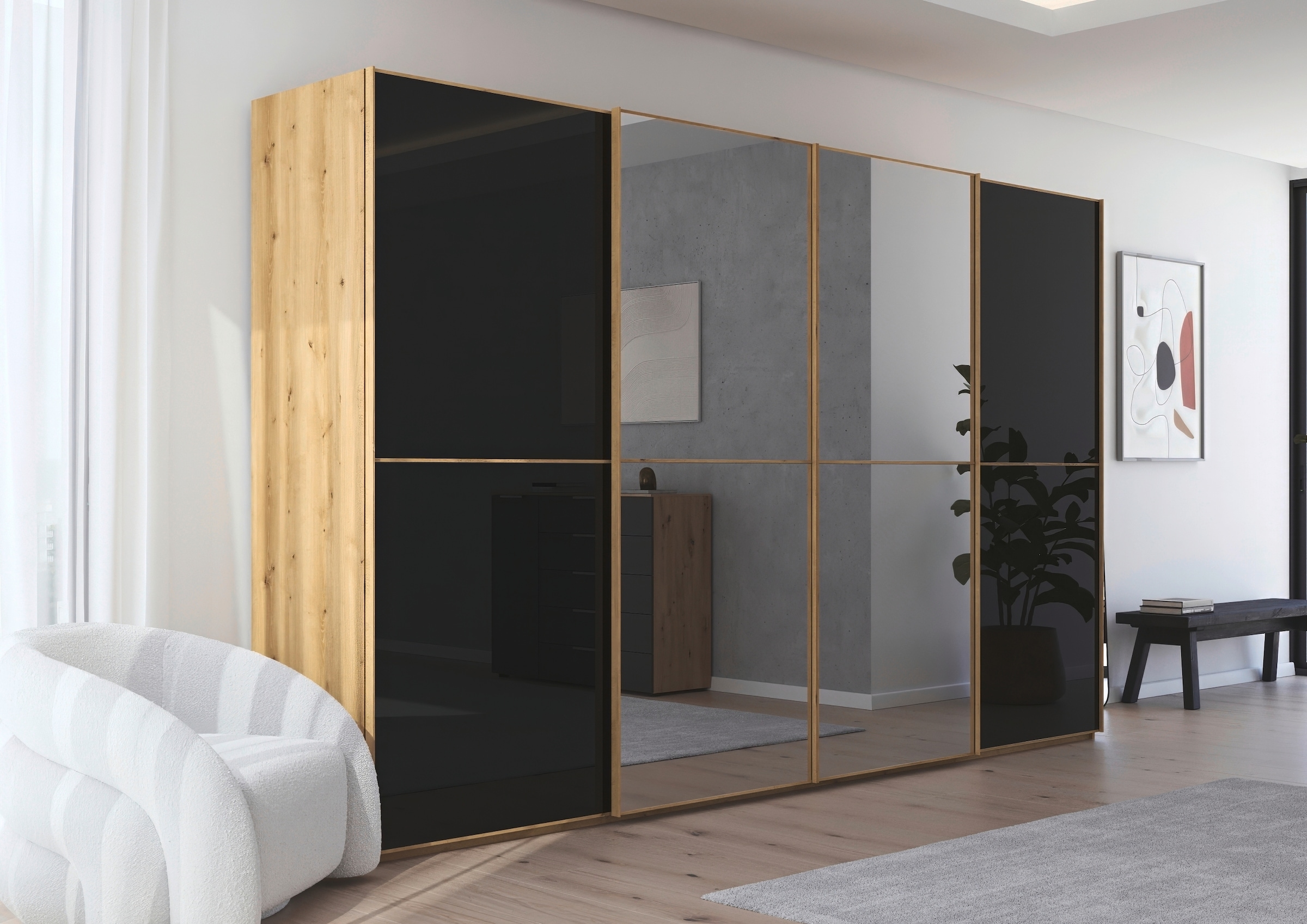 rauch Schwebetürenschrank »Kleiderschrank Schrank Garderobe Schlafzimmerschrank SCALE-DUO«, edle zweigeteilte Türen Spiegel/Glas-Mix 3 Zierleisten MADE IN GERMANY