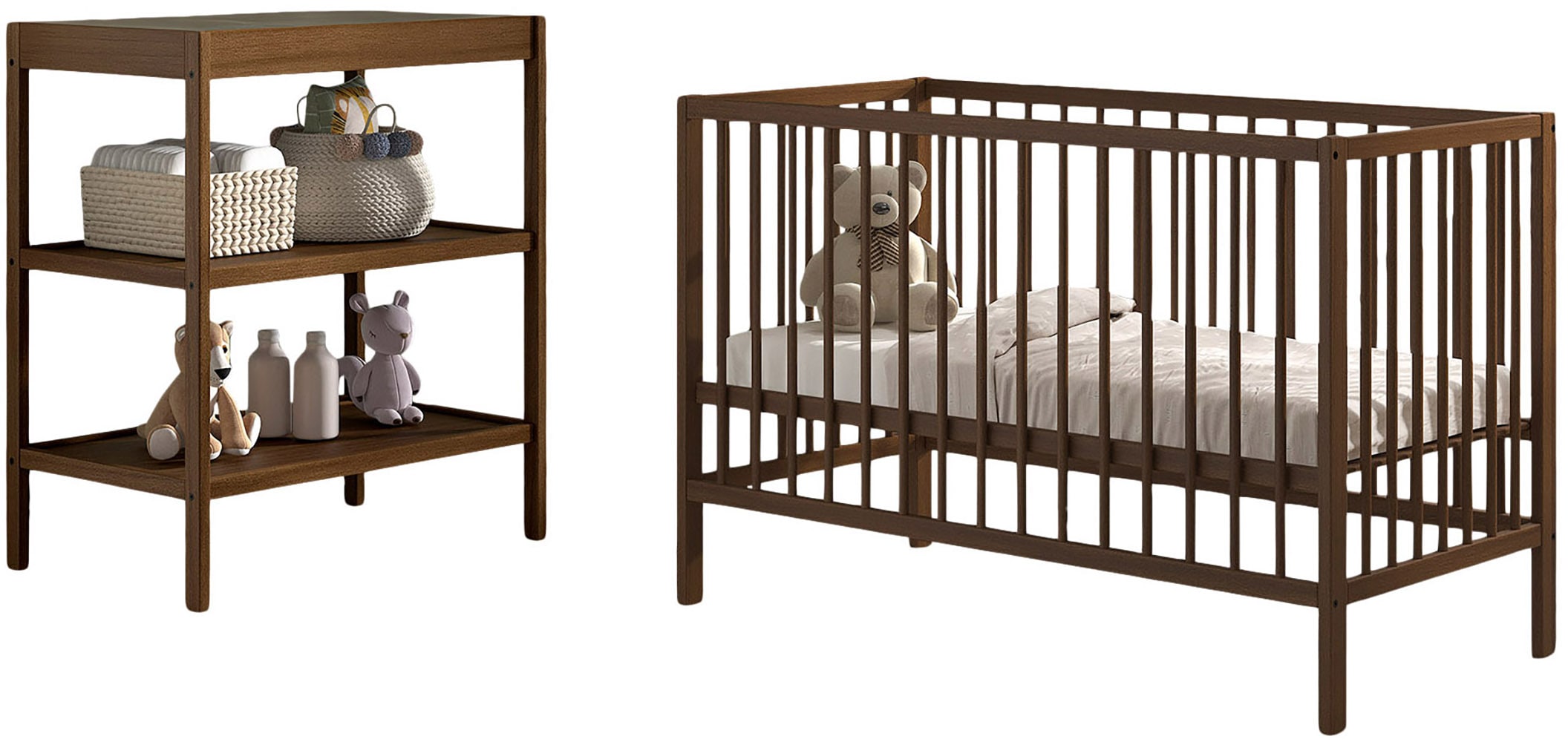 Vipack Babymöbel-Set "DINO, ideal für Ihr Kinderzimmer, Made in Europe, Buche massiv" best. aus Babybett 60/120 u. Wickelregal, 2 tlg. Liegefläche 3-fach höhenverstellbar, Ausf. Buche Nussbaumfarbig