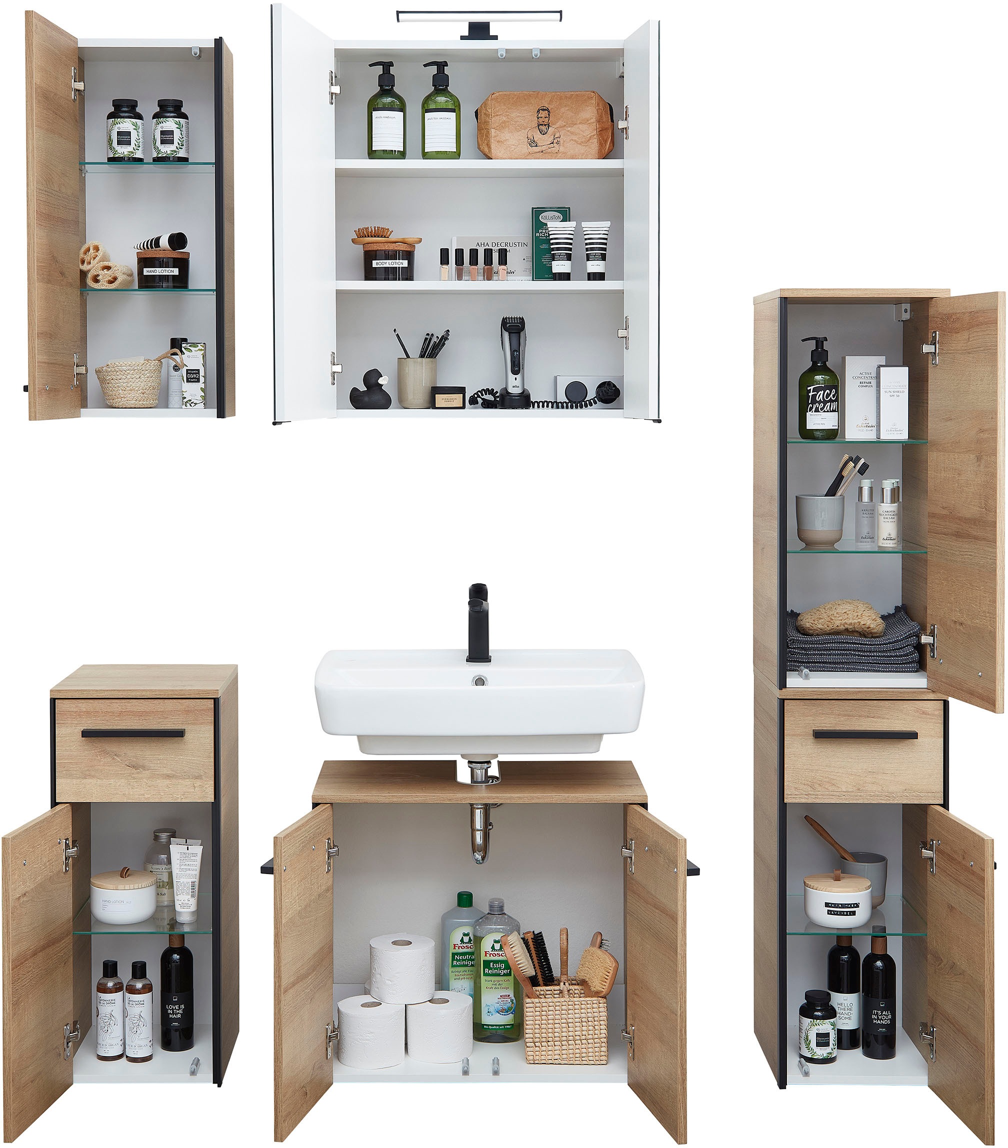 Saphir Badmöbel-Set »Quickset 395 5-teilig, Waschbeckenunterschrank mit LED-Spiegelschrank«, (6 St.), Unterschrank, Hängeschrank, Midischrank, inkl. Türdämpfer, 7 Türen