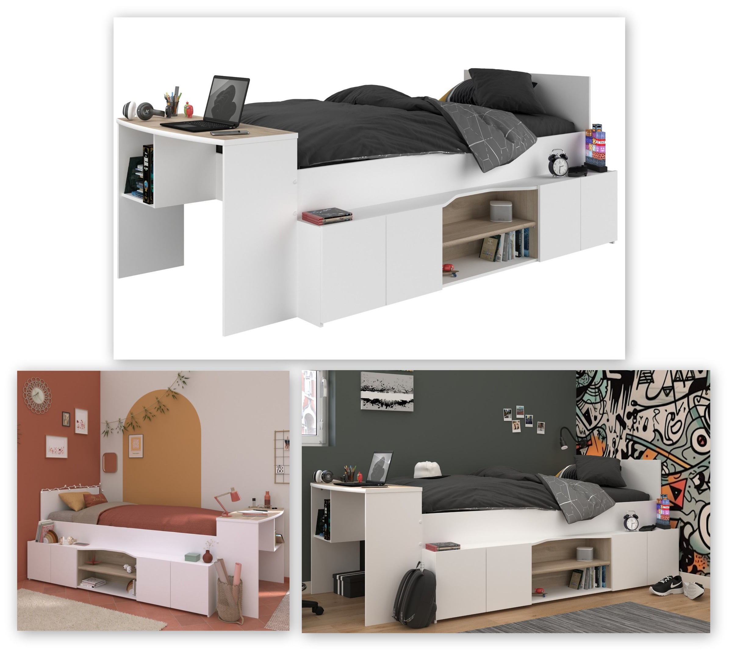 Parisot Hochbett »Cleo«, (1 St.), Schreibtisch beidseitig anbaubar, viel Stauraum, für Jungen & Mädchen