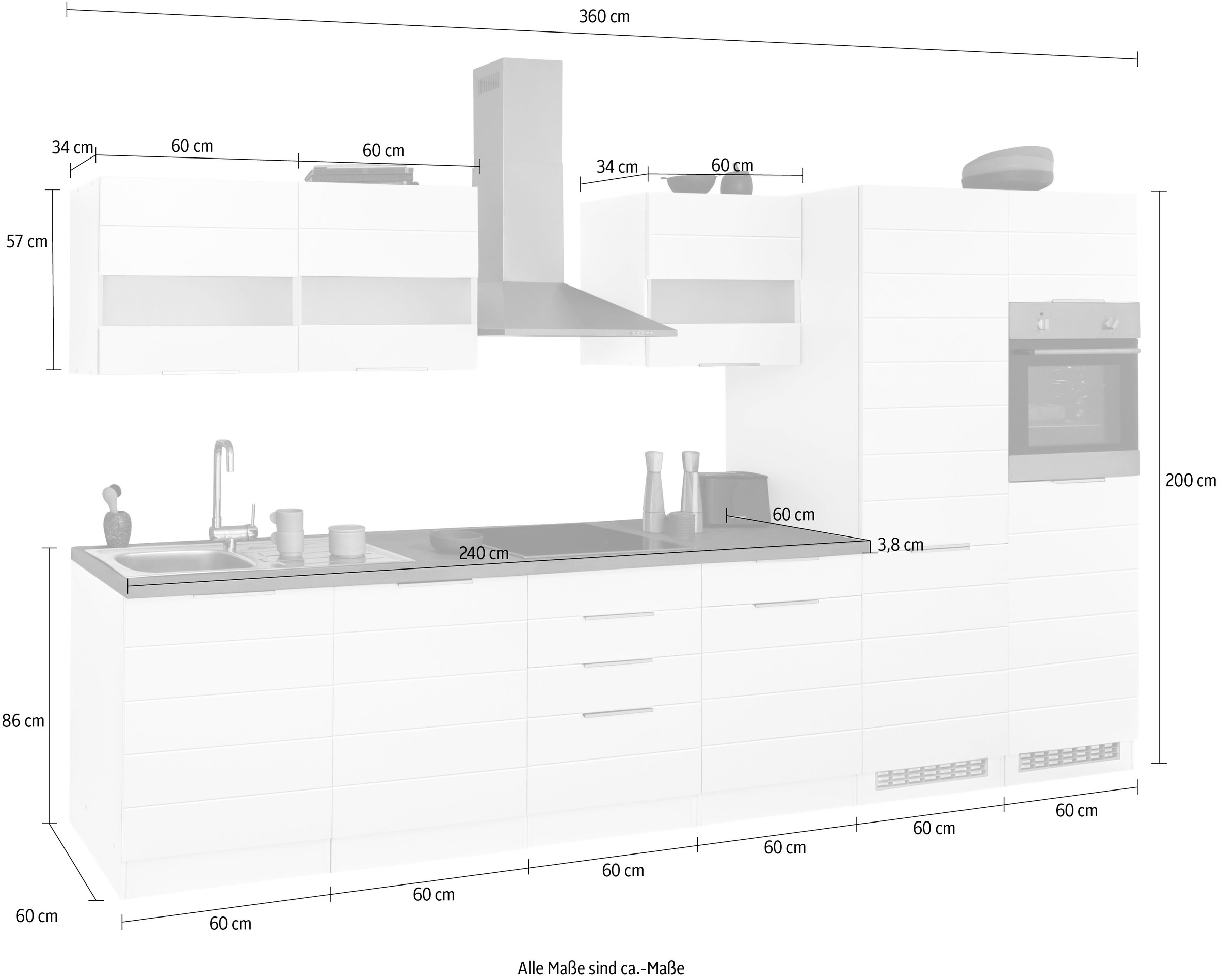 KOCHSTATION Küchenzeile »KS-Luhe«, 360 cm breit, wahlweise mit oder ohne E-Geräten, gefräste MDF-Fronten