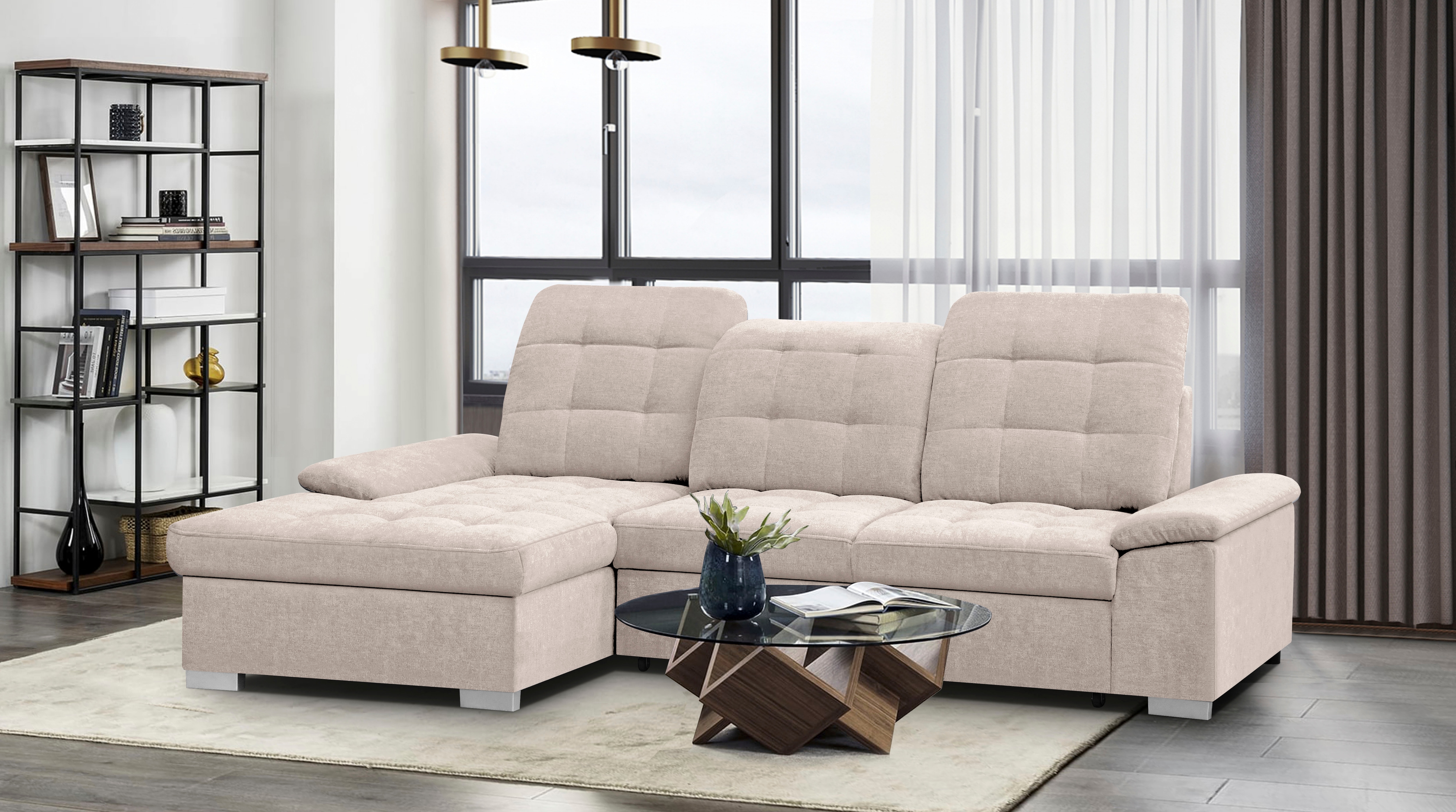 WERK2 Ecksofa "Carmen 264 cm breit L-Form Sofa Schlaffunktion Kopfstützen verstellbar" Schlafcouch mit Bettkasten, Eckcouch wahlw. mit Sitztiefenverstellung