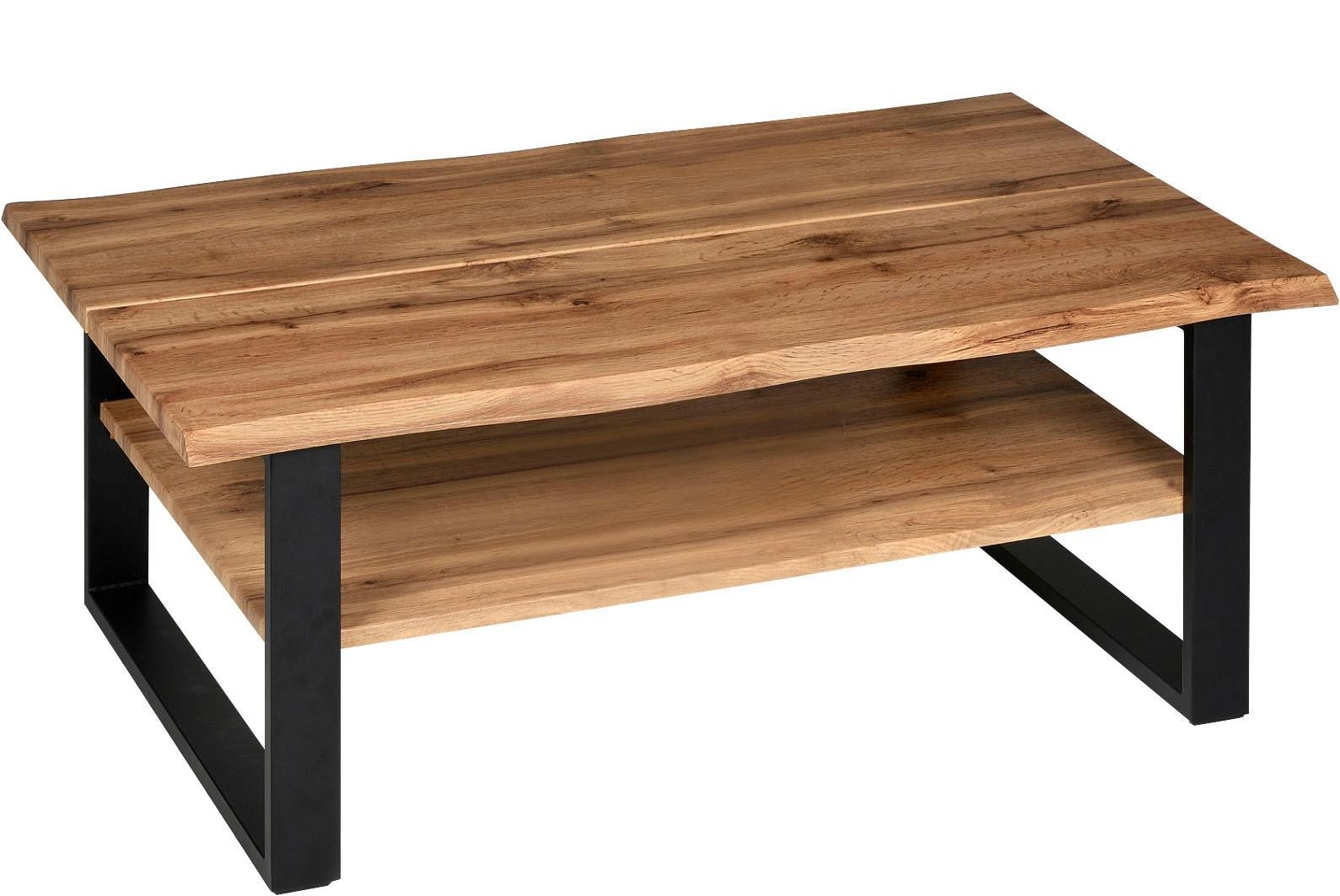 PRO Line Couchtisch, Gestell aus Metall schwarz lackiert, Kufengestell, geteilte Platte in Eiche Nachbildung Stammholz Optik, Ablageboden, rechteckig