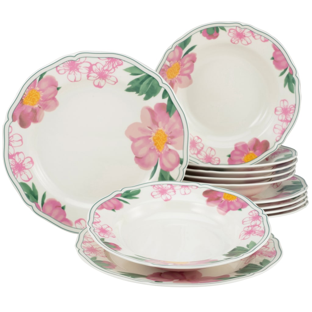 CreaTable Tafelservice »Teller Set, Geschirr-Set Rose«, (Set, 12 tlg., Teller Set für 6 Personen)