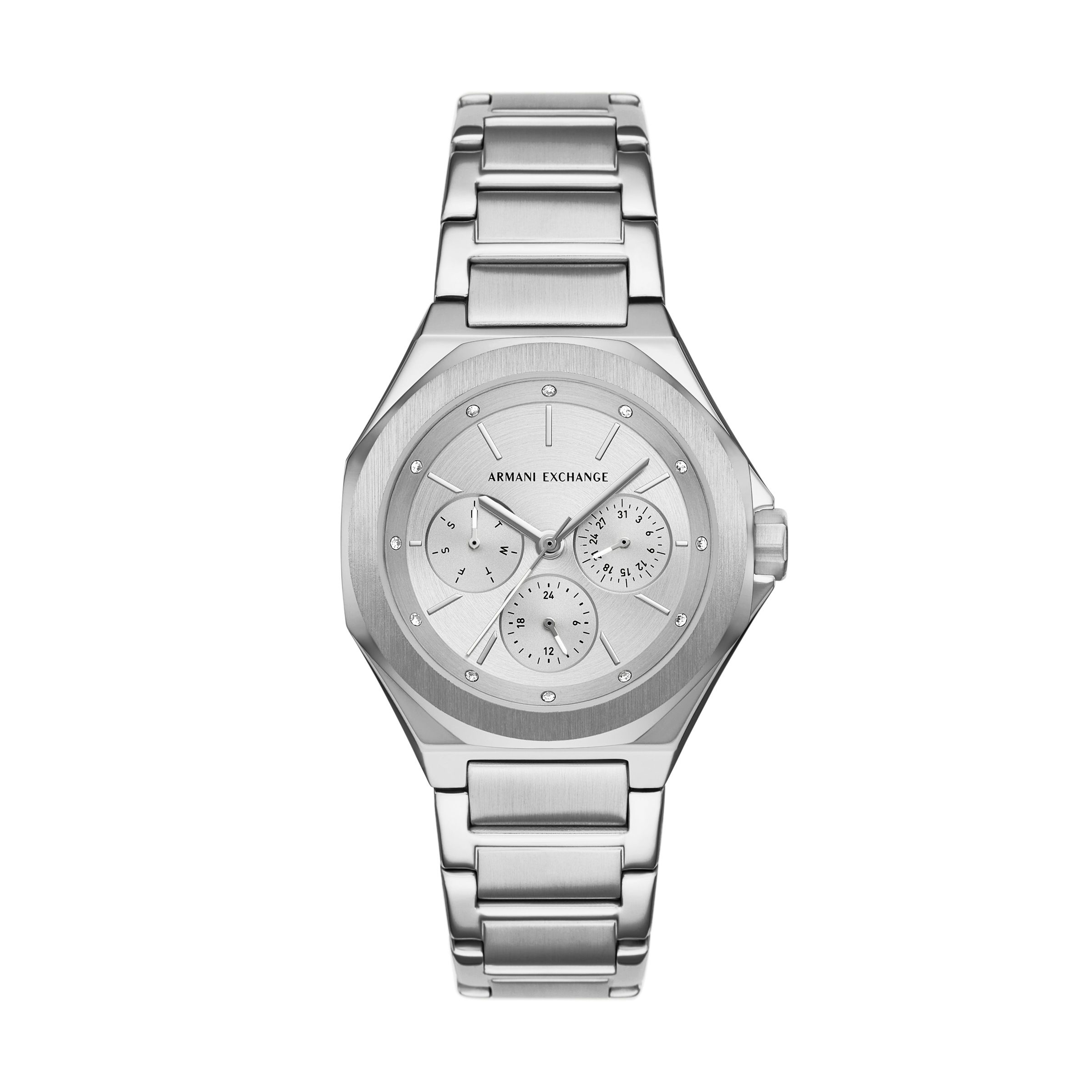 Multifunktionsuhr ARMANI EXCHANGE, edelstahlfarben, Armbanduhren, Damen, Quarzuhr, Armbanduhr, Damenuhr, Edelstahlarmband, analog, Tag