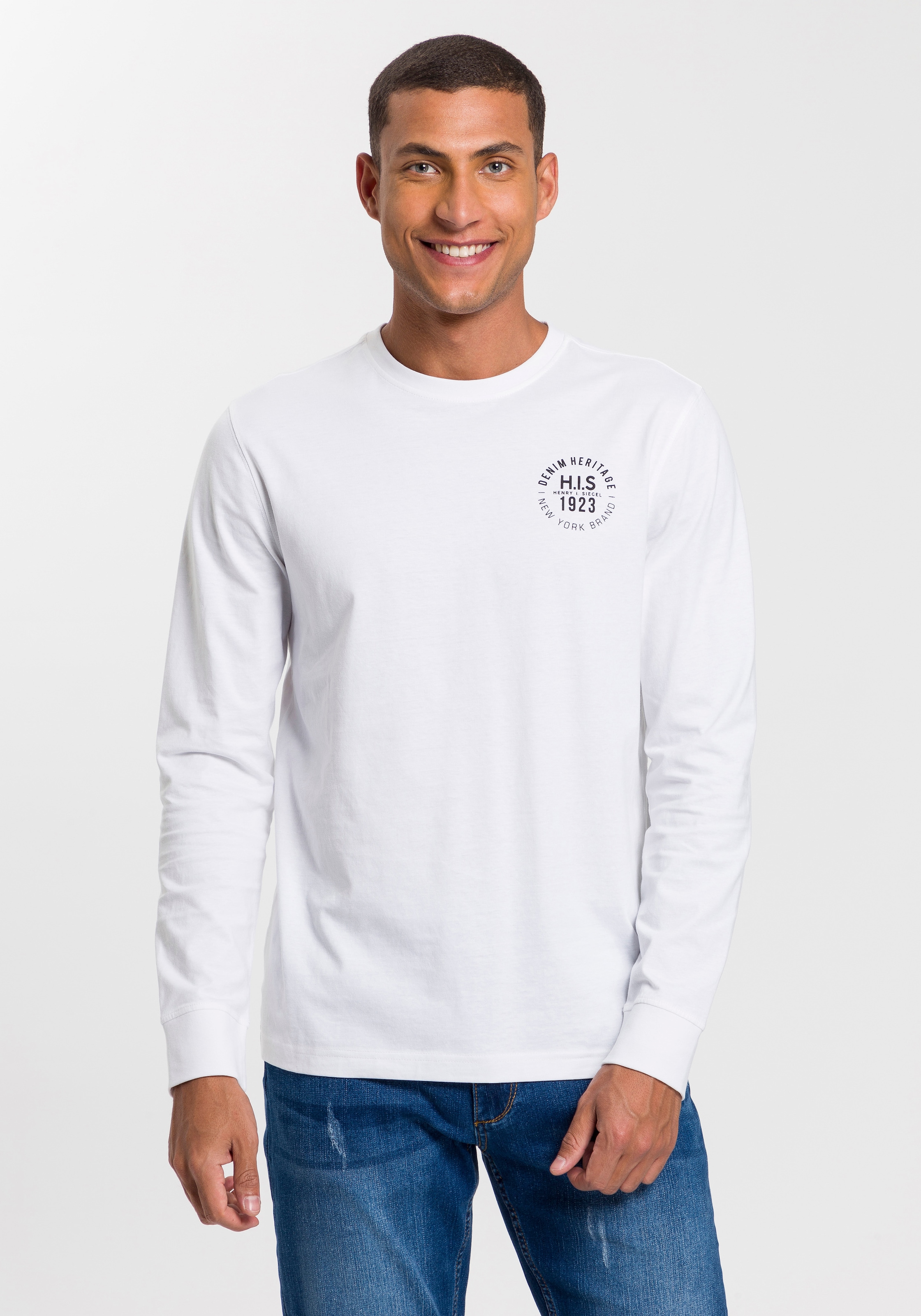 H.I.S Langarmshirt, (Packung, 2 tlg., 2er-Pack), Langarm, bedruckt, Rundhalsausschnitt, aus 100% Baumwolle