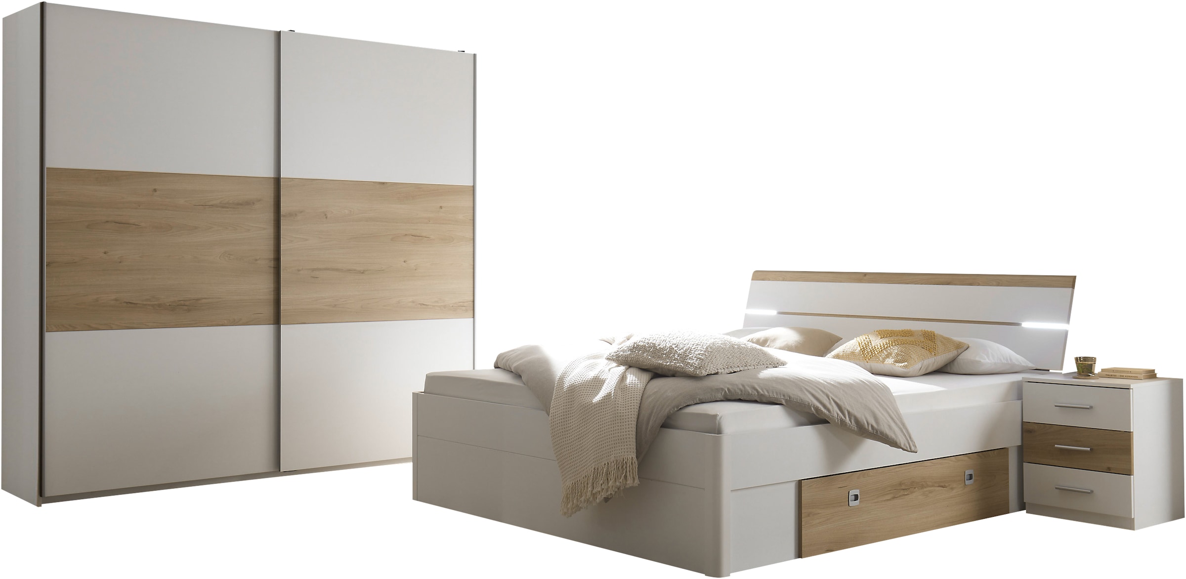 Schlafkontor Schlafzimmer-Set »Kiara Kleiderschrank, Bett, Nachtkommoden, Bettschubkästen«, (Set), Beleuchtung im Kopfteil, Bett inklusive Bettschubkästen