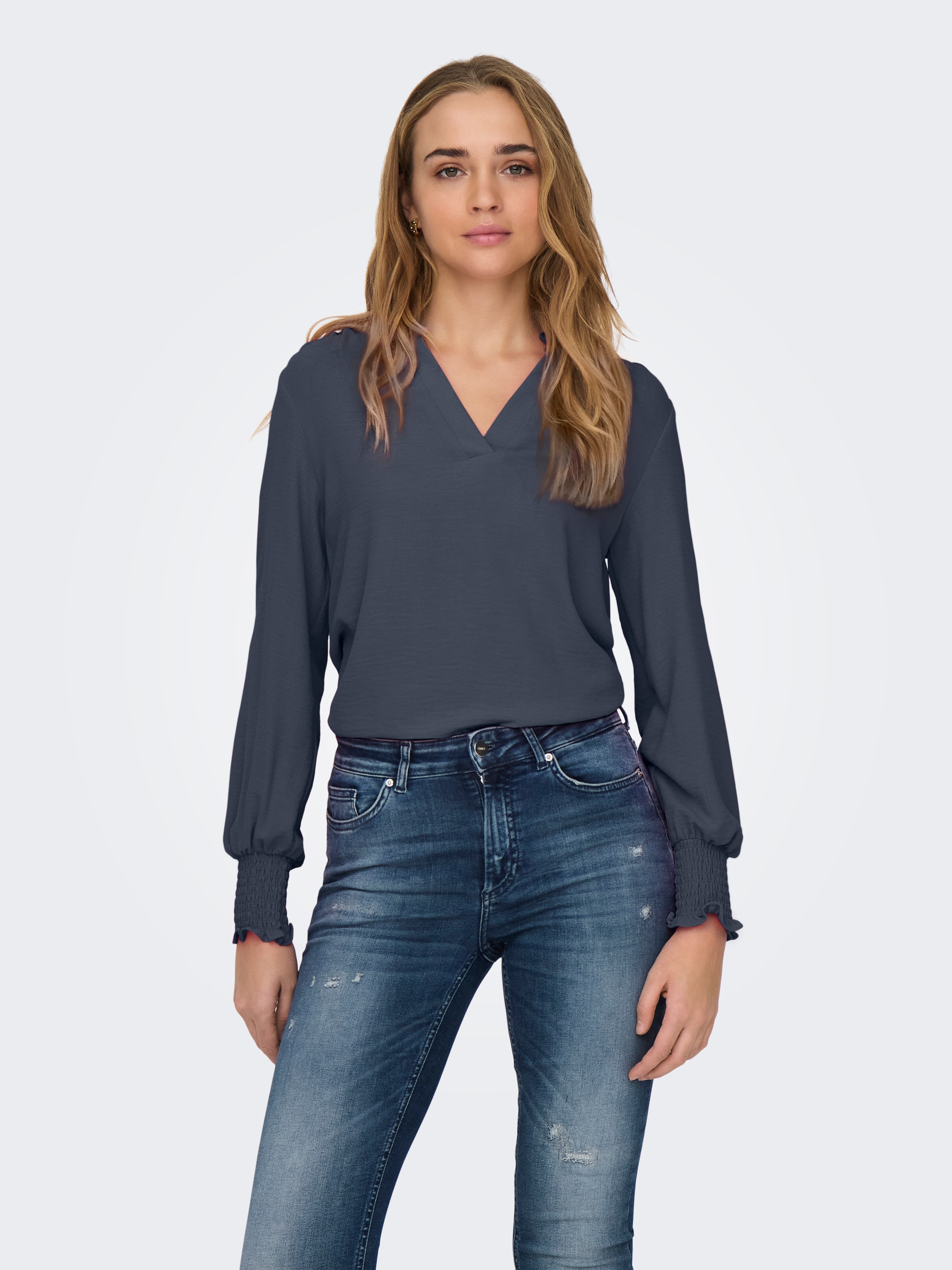 ONLY Blusenshirt "ONLMETTE V-NECK LS SMOCK TOP NOOS WVN" Kunstfaser, regula günstig online kaufen