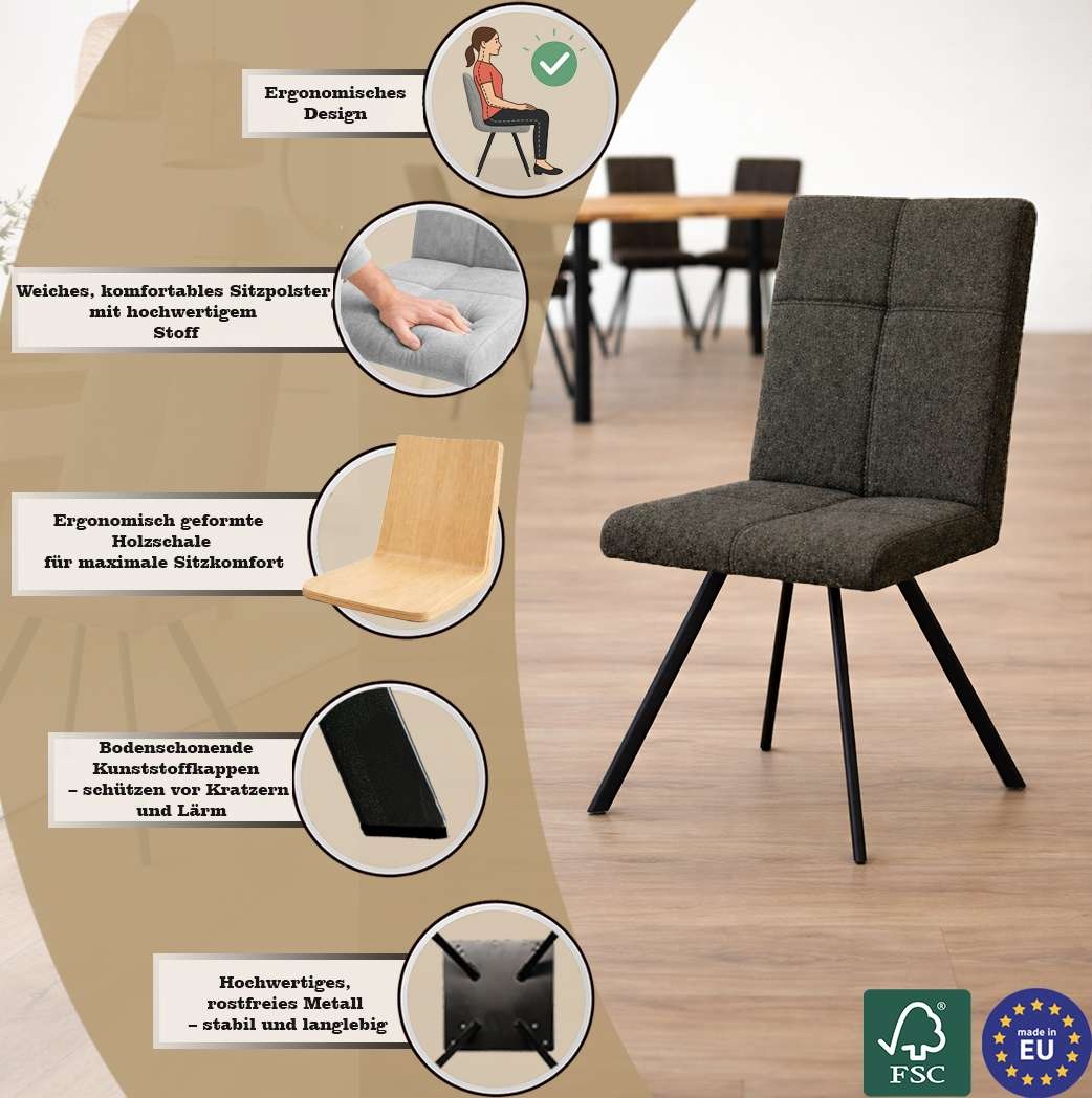 Home affaire Esszimmerstuhl »Mia Essstuhl, Wohnstuhl, Polsterstuhl, 4-Fußstuhl« (Set) 2 Stk.mit schwarz pulverbeschichteten Metallbeinen, gepolstert, modern