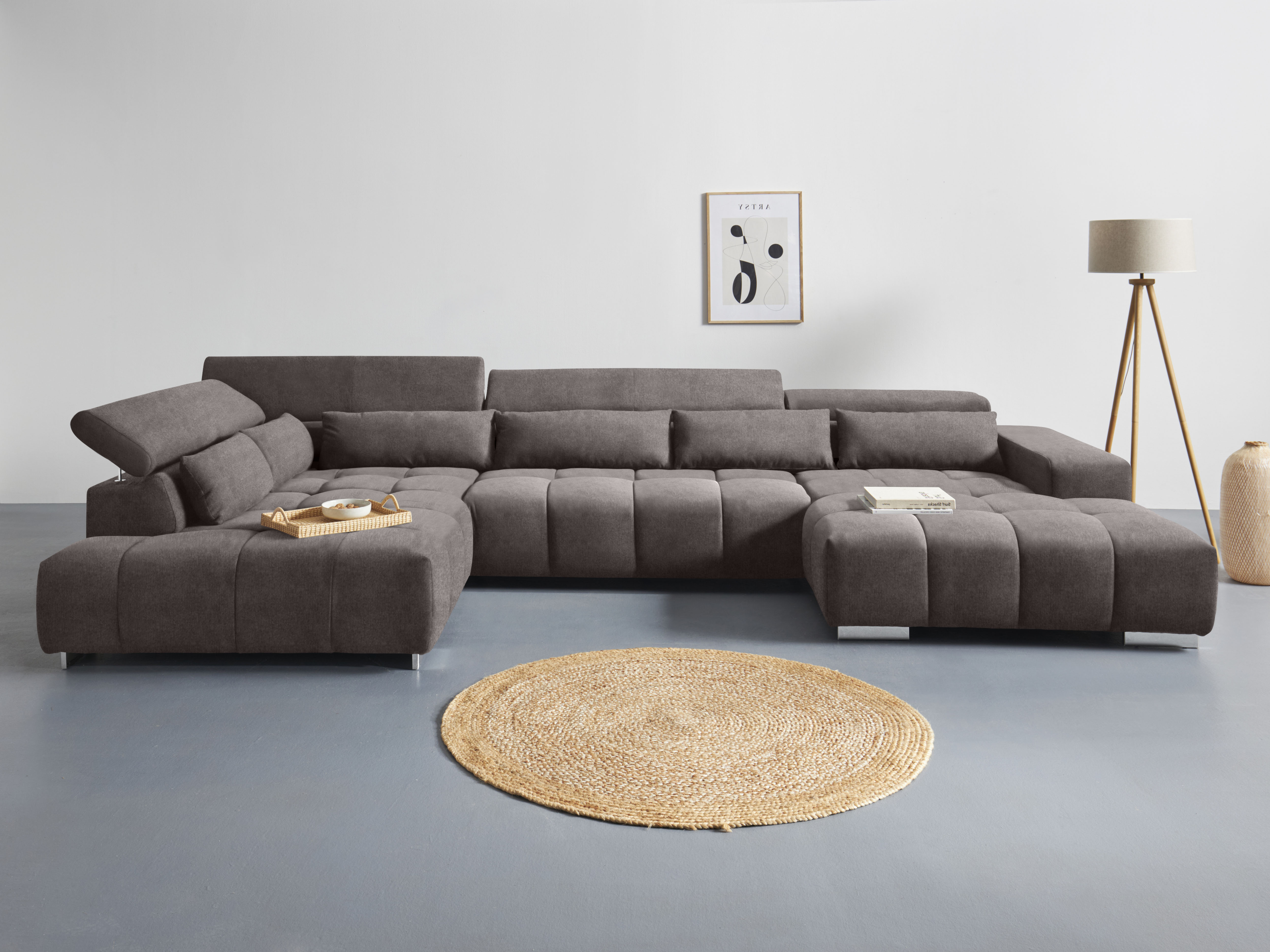 COTTA Wohnlandschaft "Orion U-Form XXL, B: 409 cm, bequeme Wellenunterfederung, top modern" mit Kopfteilverstellung & 6 Nierenkissen