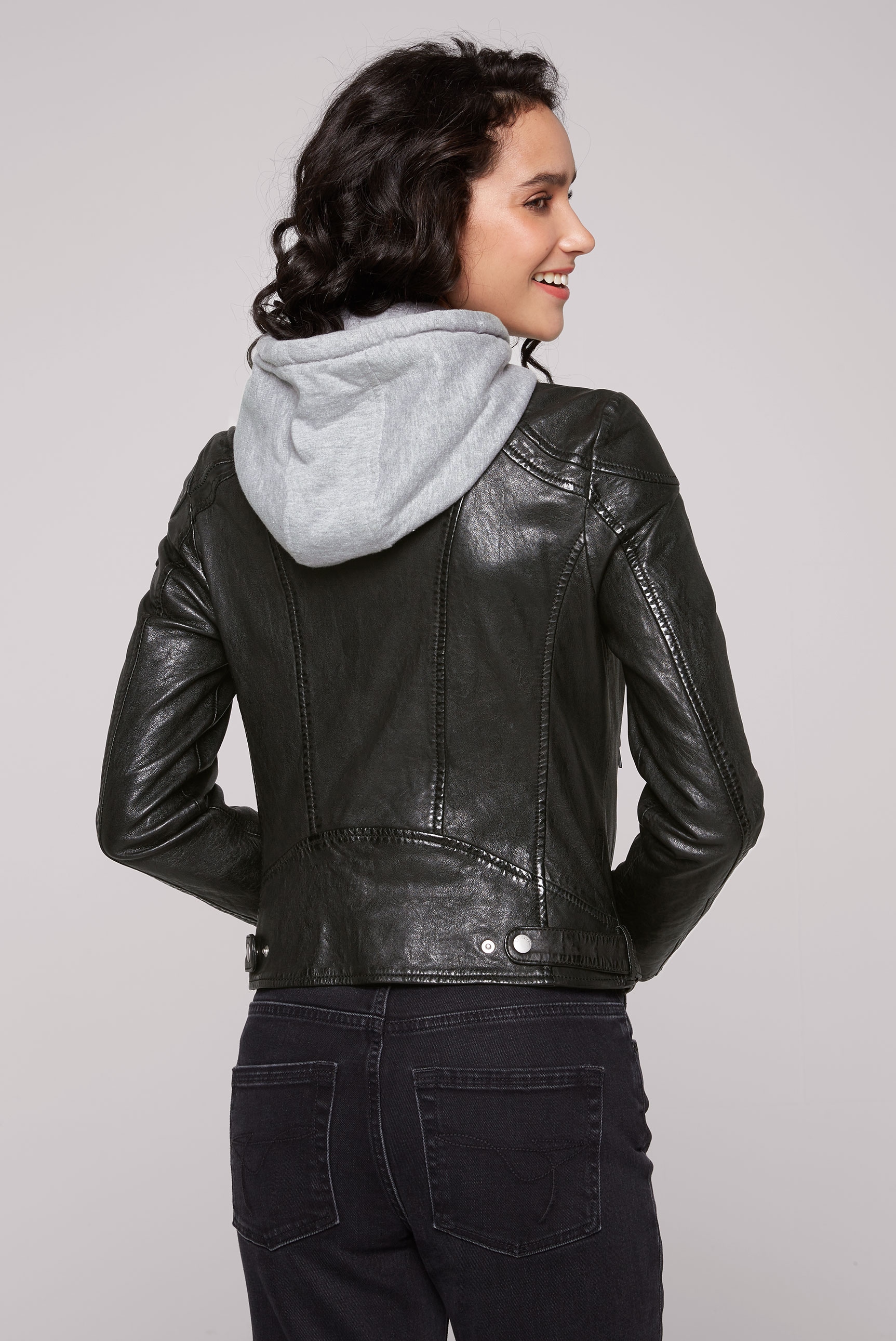 SOCCX Lederjacke, mit Kapuze, mit Druckknopfriegel an den Seiten
