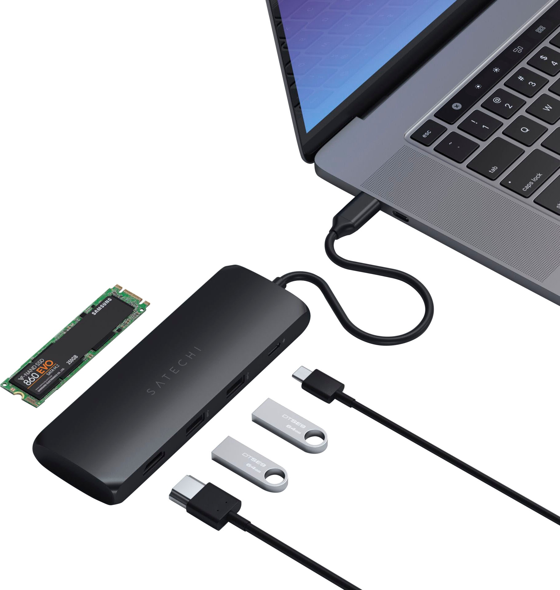 Satechi Laptop-Adapter »USB-C Hybrid Multiport Adapter with SSD Enclosure«, USB-C zu USB Typ A-USB Typ C-HDMI-SATA