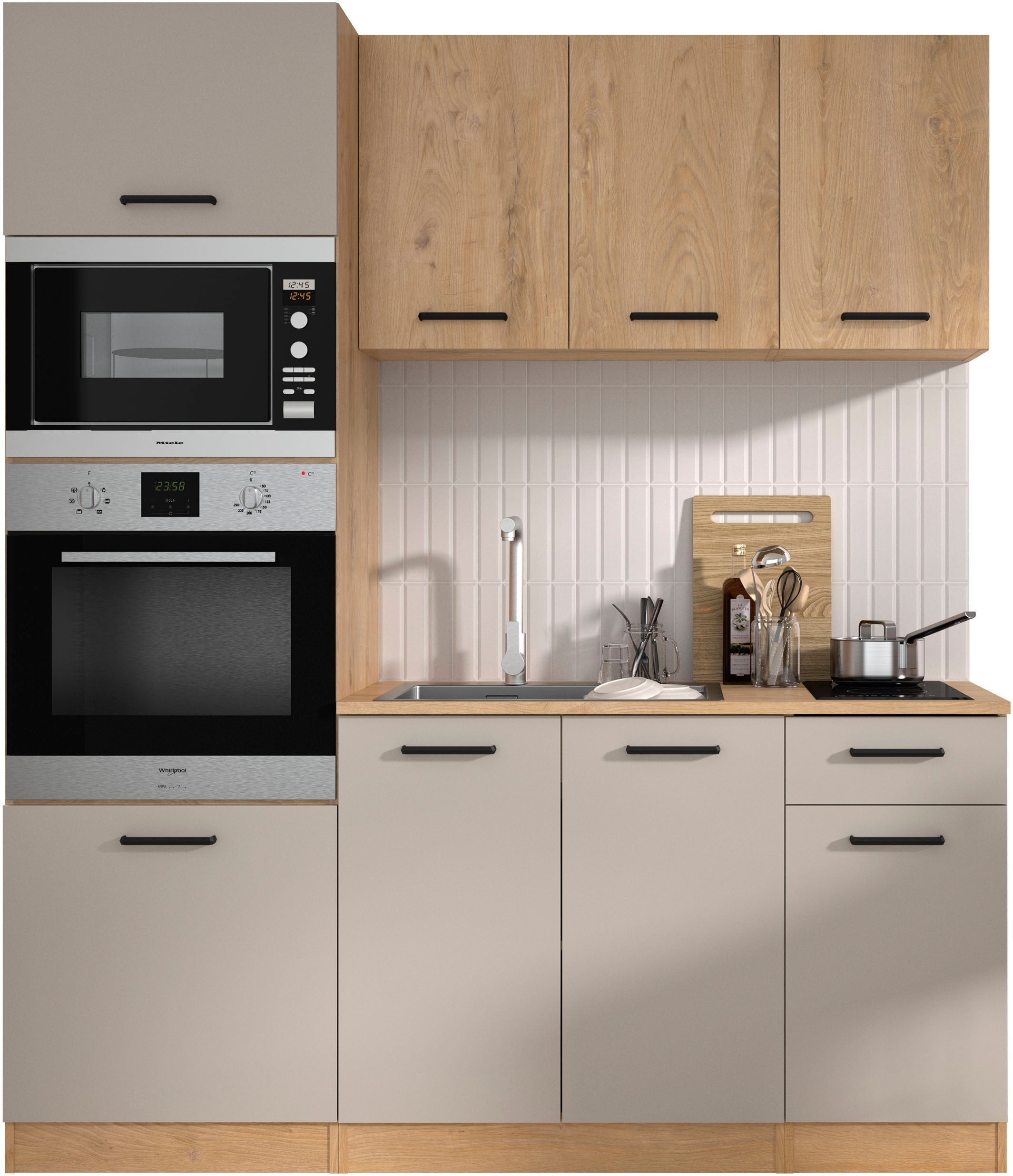 Küchenzeile GAMI, B:180cm H:211cm T:60cmküche: natur, front: kaschmir melamine, korpus: eiche silva nachbildung melamine, arbeitsplatte: eiche silva