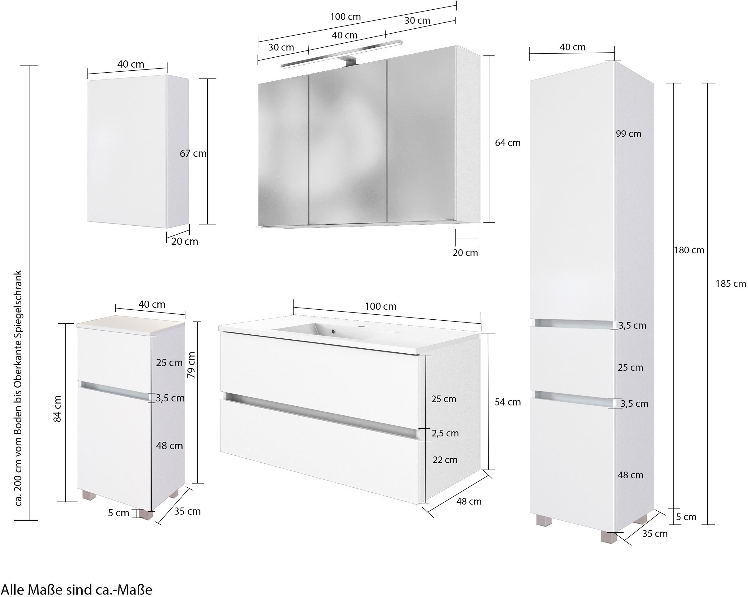 welltime Badmöbel-Set »Welltime Möbel Baabe Waschtisch-Set 3tlg. oder 5tlg.«, (5 St.), gedämpfte Scharniere und Softclose-Funktion, inklusive LED-Beleuchtung