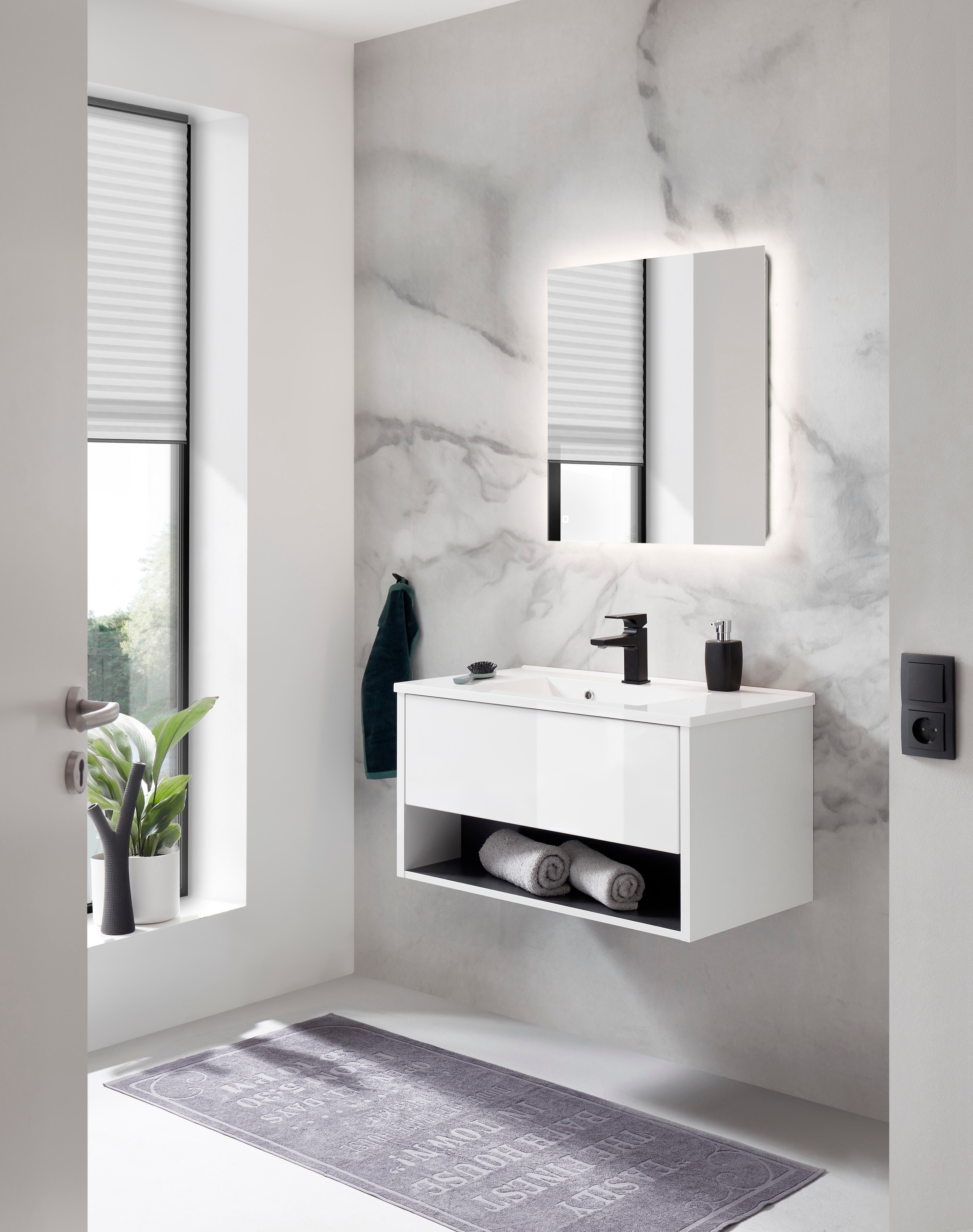 Places of Style Badmöbel-Set »Studio Line, Bad im modernen Design, 2-teiliges Badezimmer«, (2 St.), Waschtisch und Spiegel, in zwei Farben verfügbar, viel Stauraum