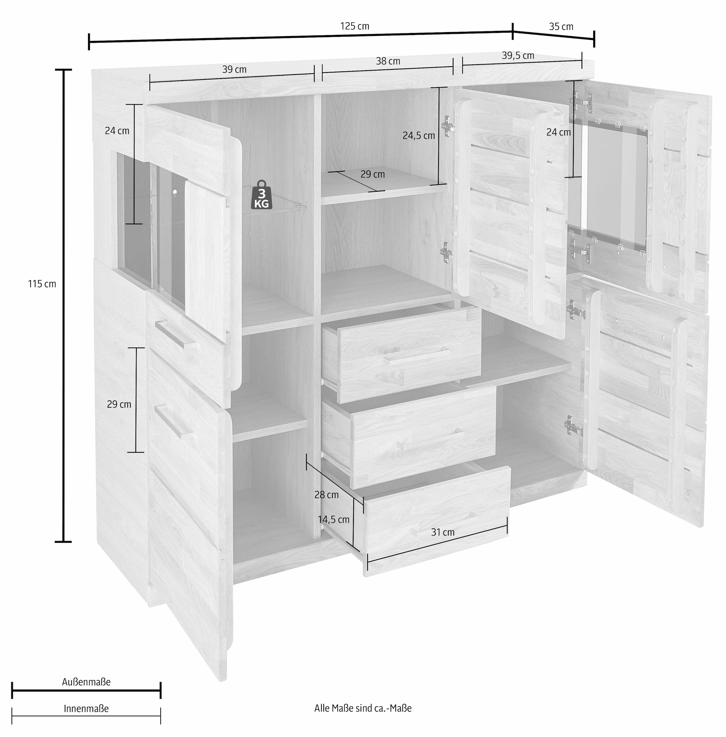 Woltra Highboard »Ribe«, Breite 125 cm mit 2 Glastüren