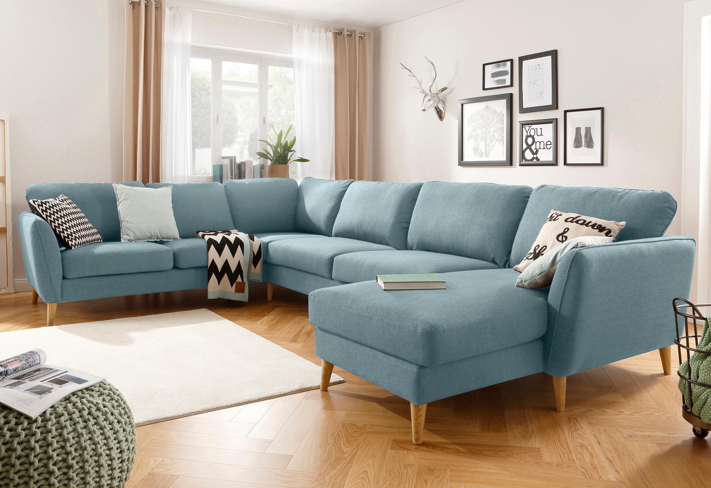 Home affaire Wohnlandschaft »MARSEILLE XXL 349cm, U-Form, Ottomane rechts/links wählbar«, Massivholzbeine aus Eiche, In verschieden Bezügen und Farbvarianten