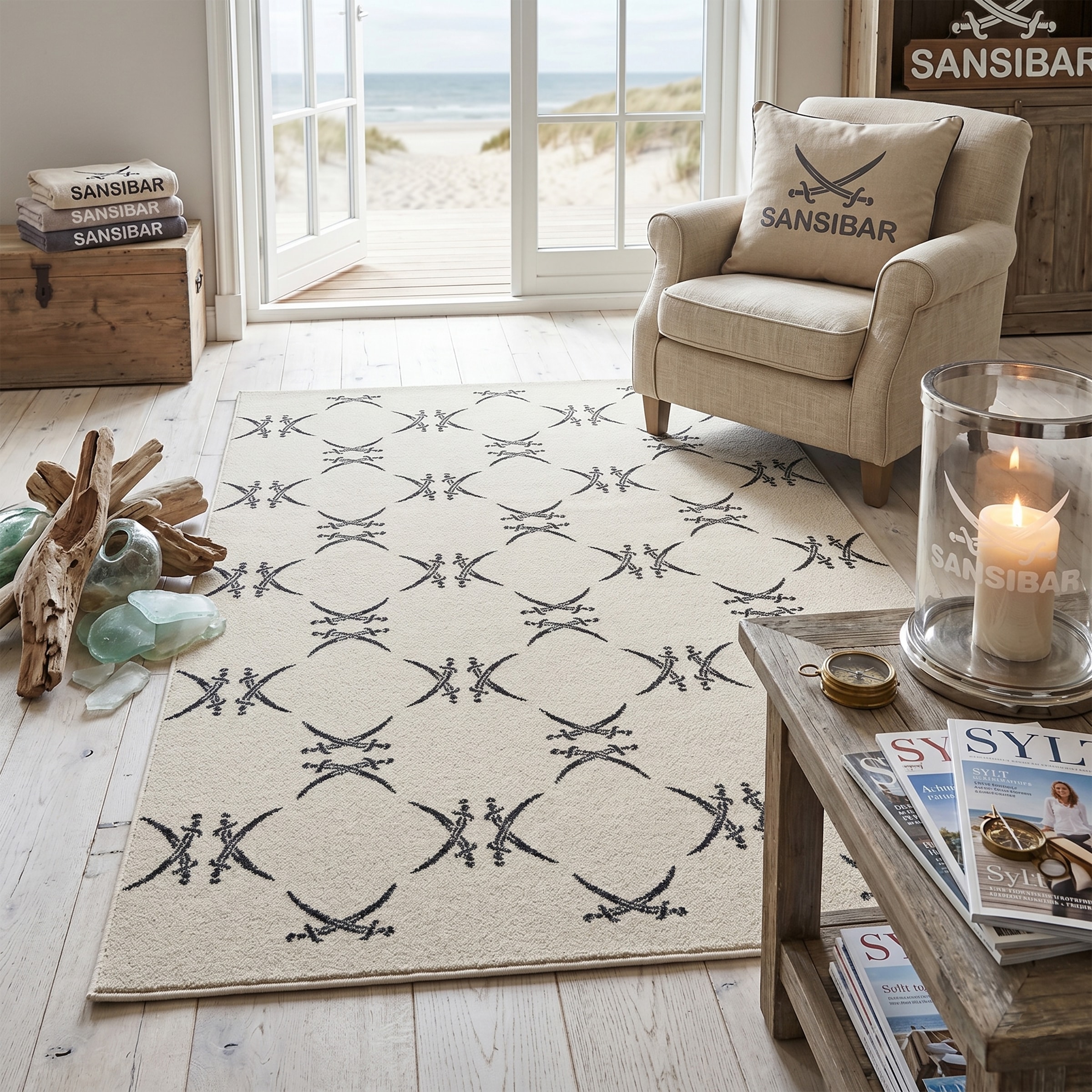 Sansibar Teppich "Heide SA-037" rechteckig 10 mm Höhe modernes Design, mit Motiv: gekreuzte Säbel, Wohnzimmer