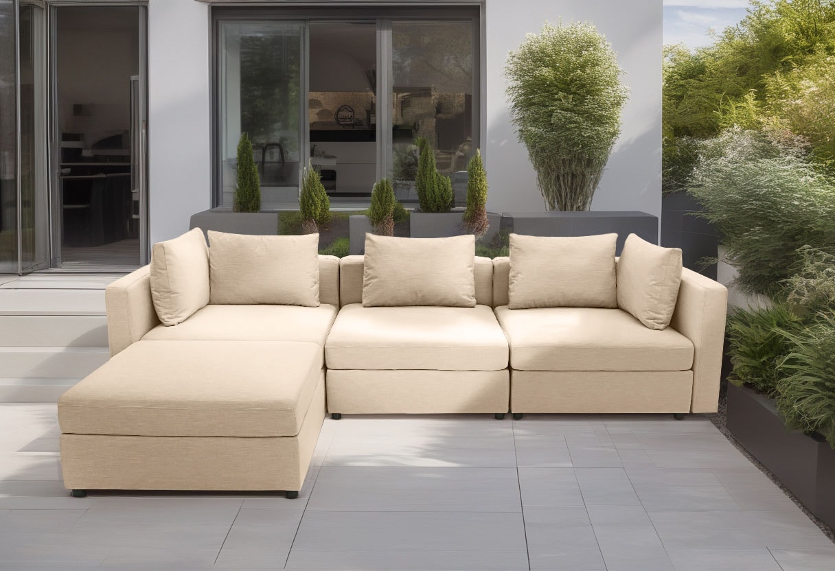 DOMO collection "Solskin, individuell erweiterbar/kombinierbar" mit losen Kissen. Rücken- und Seitenteile als Stecksystem.