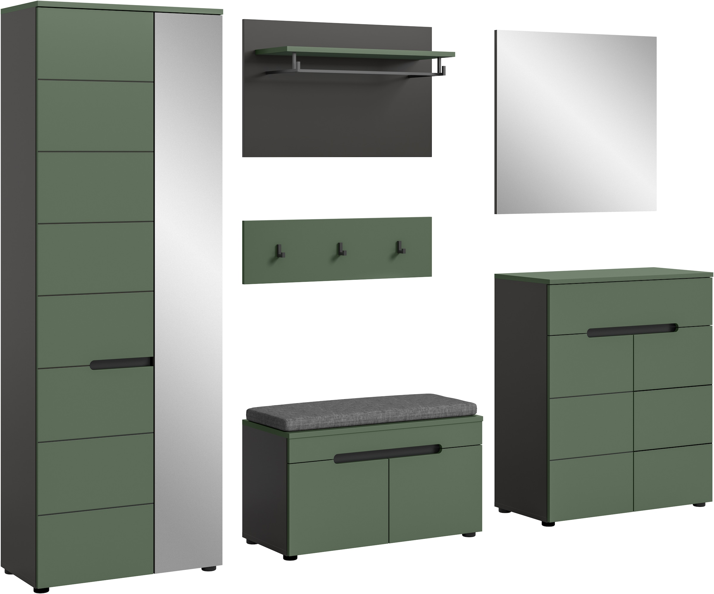 Home affaire Garderoben-Set "REHAT, TOPSELLER, 6-teilig, Breite 255 cm, individuell erweiterbar" Set, Schrank, Sitzbank, Sitzkissen, Paneel, Hakenleiste, Spiegel, Kommode, 6 Stk. tlg.