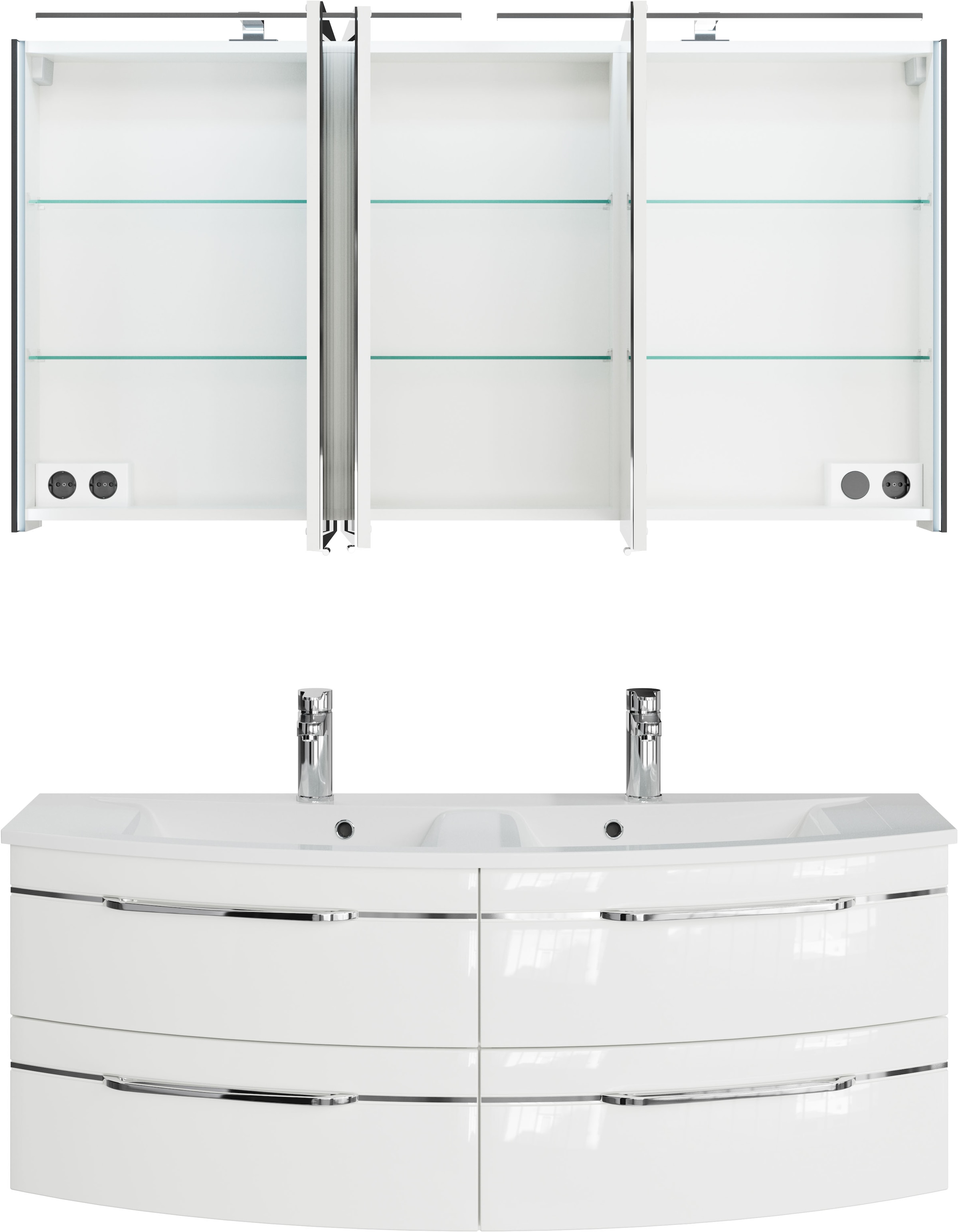 Saphir Badmöbel-Set »Badezimmer-Set 133,2 cm breit, inkl. Türdämpfer, 3 Türen, 4 Schubladen«, (Set, 2 St.), Serie 7045 2-teilig Mineralmarmor-Doppelwaschtisch, LED-Spiegelschrank