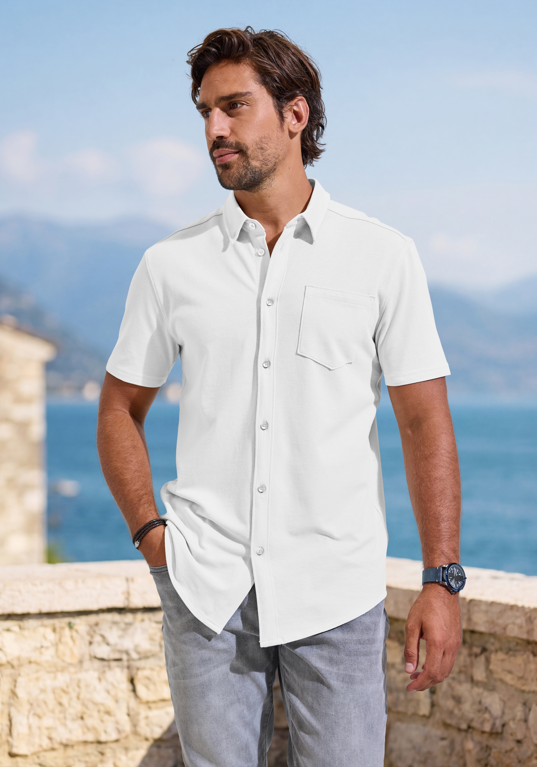 H.I.S 1100000002199 "- leicht strukturiertes Piqué Hemd aus angenehmer Shirt-Qualität" klassischer Kragen, tonige Knöpfe, weiche Baumwoll-Pikee-Qualität