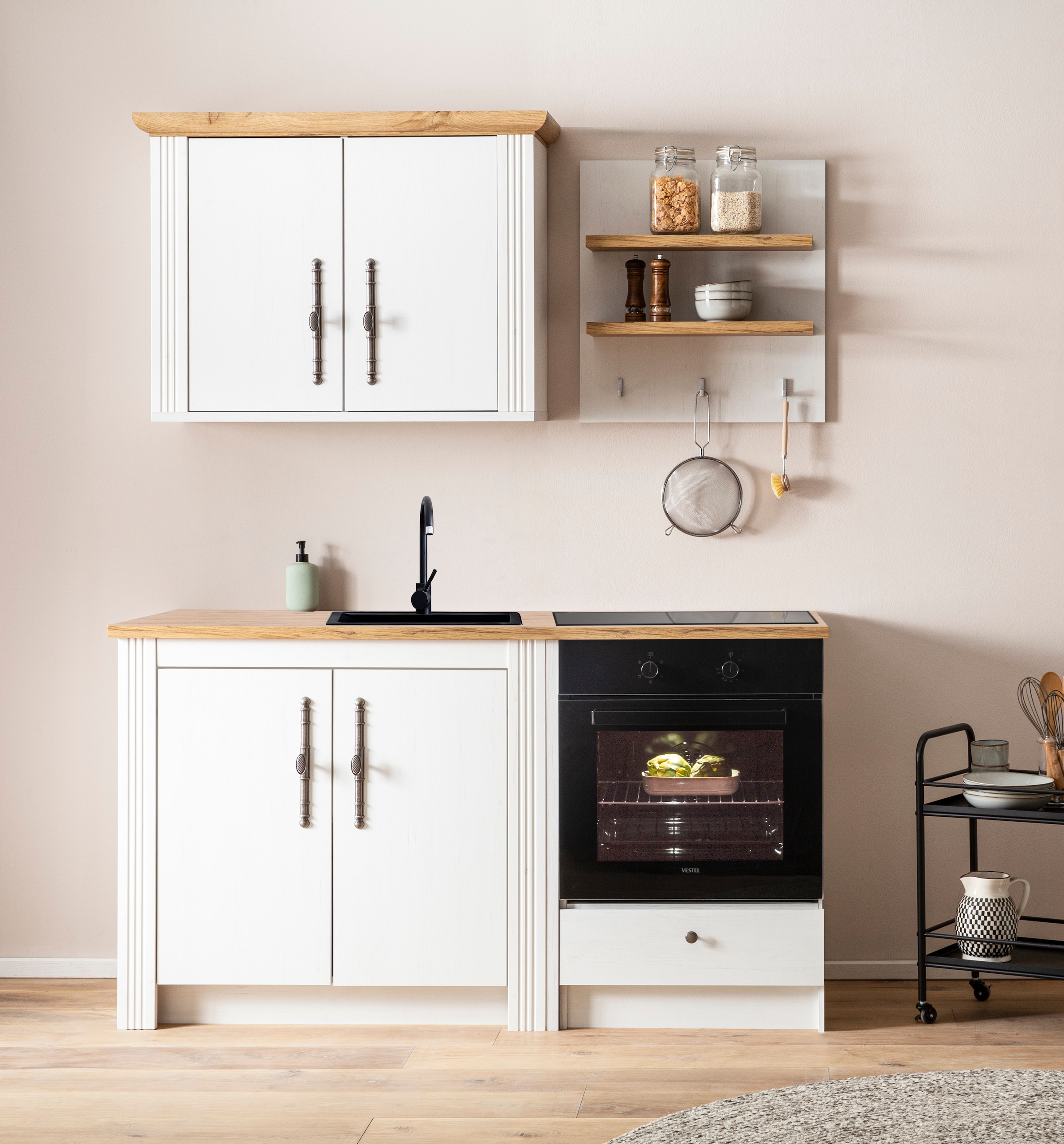 KOCHSTATION Küchenzeile »KS-Westminster, Pantryküche im Landhaus Stil, hochwertige Metallgriffe«, (Set), Breite 164 cm, Kommode, Wandpaneel, Hängeschrank und Herdumbau
