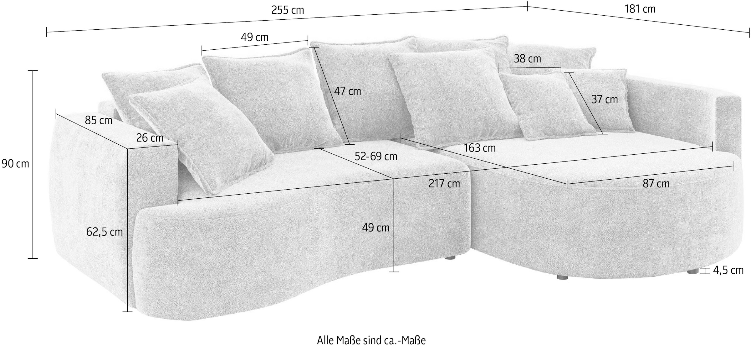 INOSIGN Ecksofa »Kahekili, Schlafsofa mit Bettkasten, Maße B/T/H: 255/181/90/ cm«, L-Form mit Wellenunterfederung, 7 Rückenkissen und 2 Zierkissen