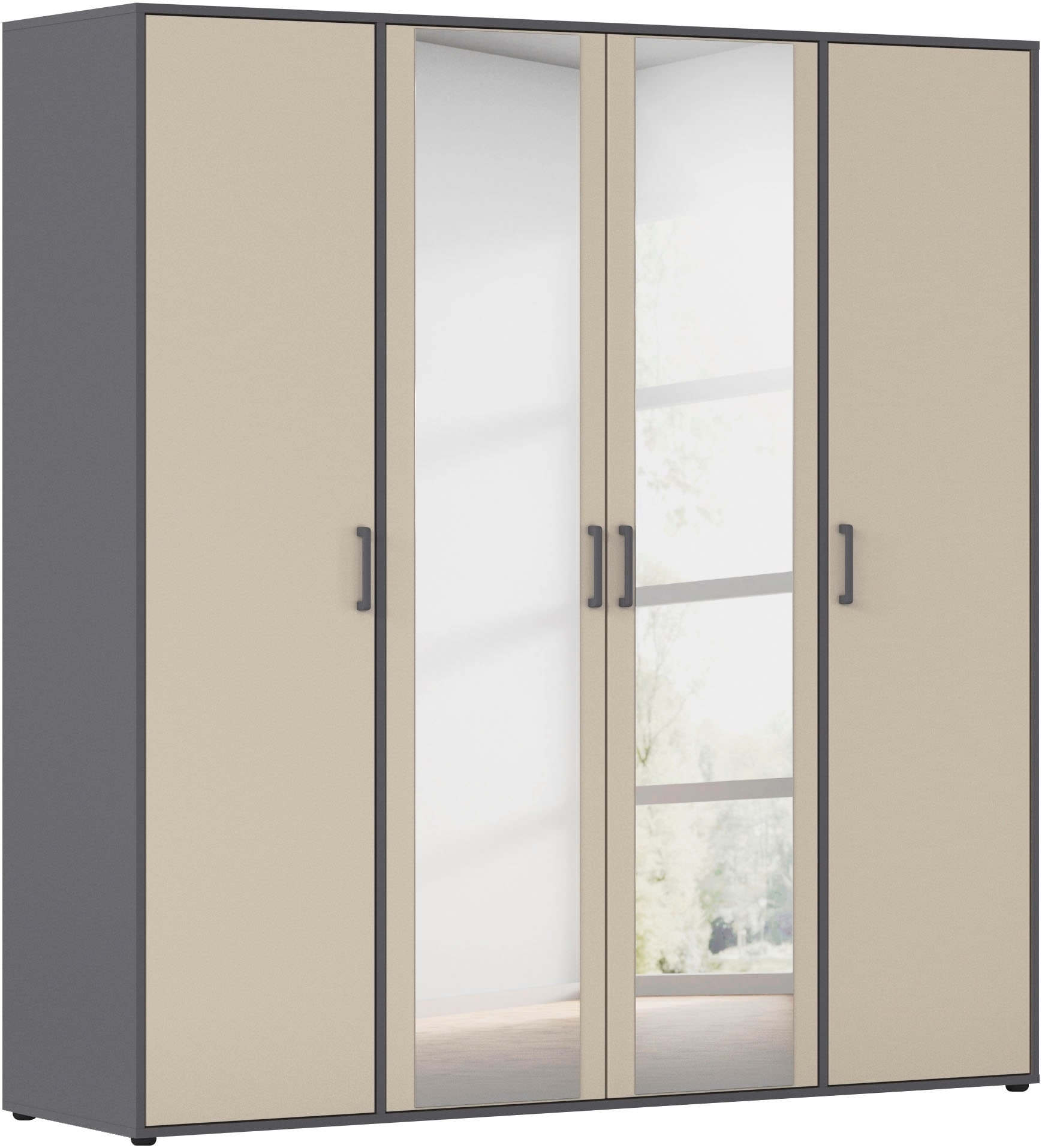 rauch "Kleiderschrank Schrank Garderobe Wäscheschrank VOYAGER" in 3 verschiedenen Ausstattungen BASIC/CLASSIC/PREMIUM, mit modernen Griffen in Graumetallic und Spiegel