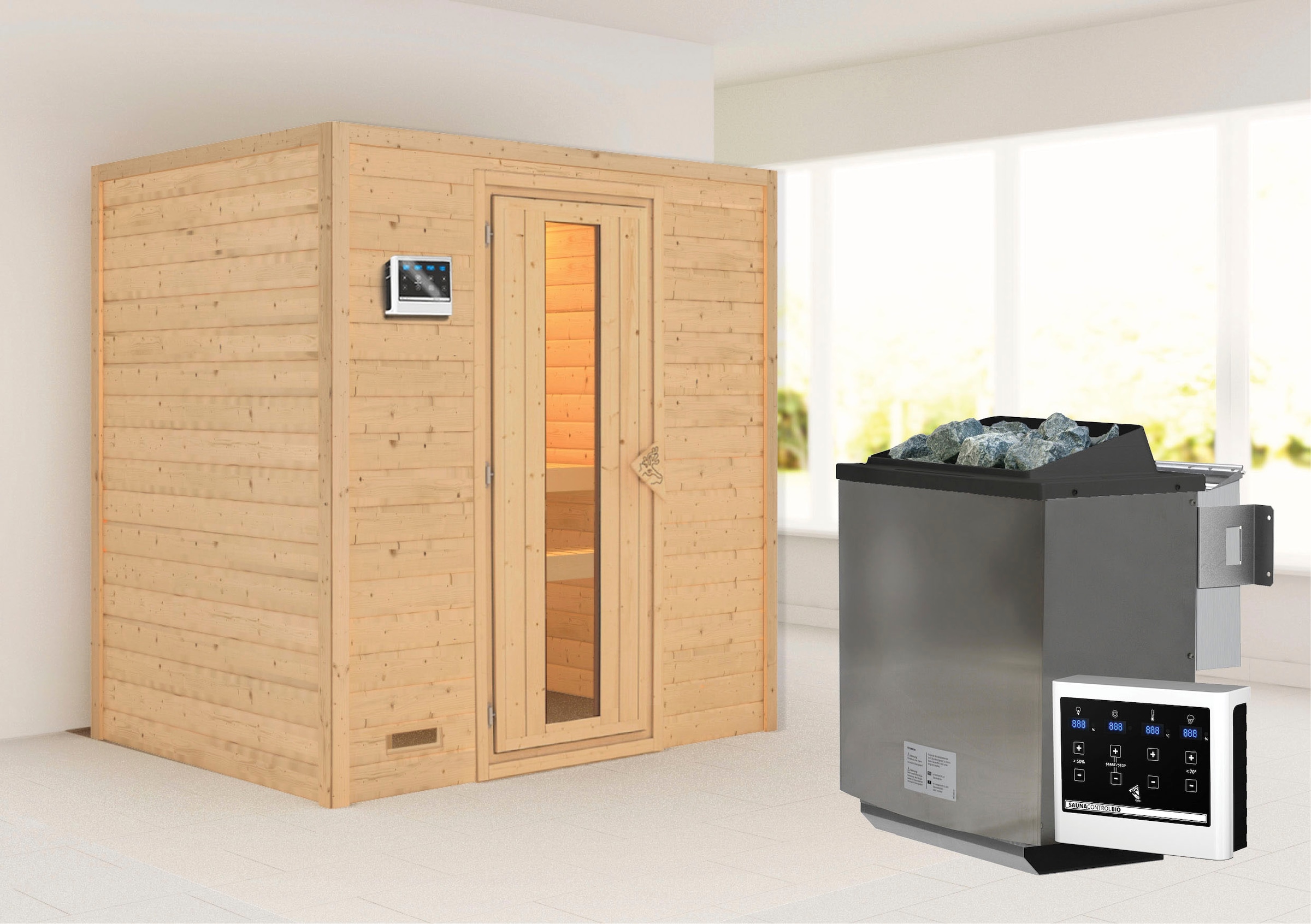 Karibu Sauna ""Sonja" mit Energiespartür 2 Ofen 9 kW Bio externe Strg modern"